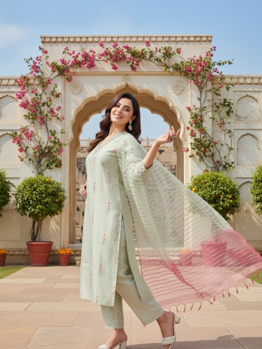 Grey Embroidered Silk Kurta with Dupatta Set