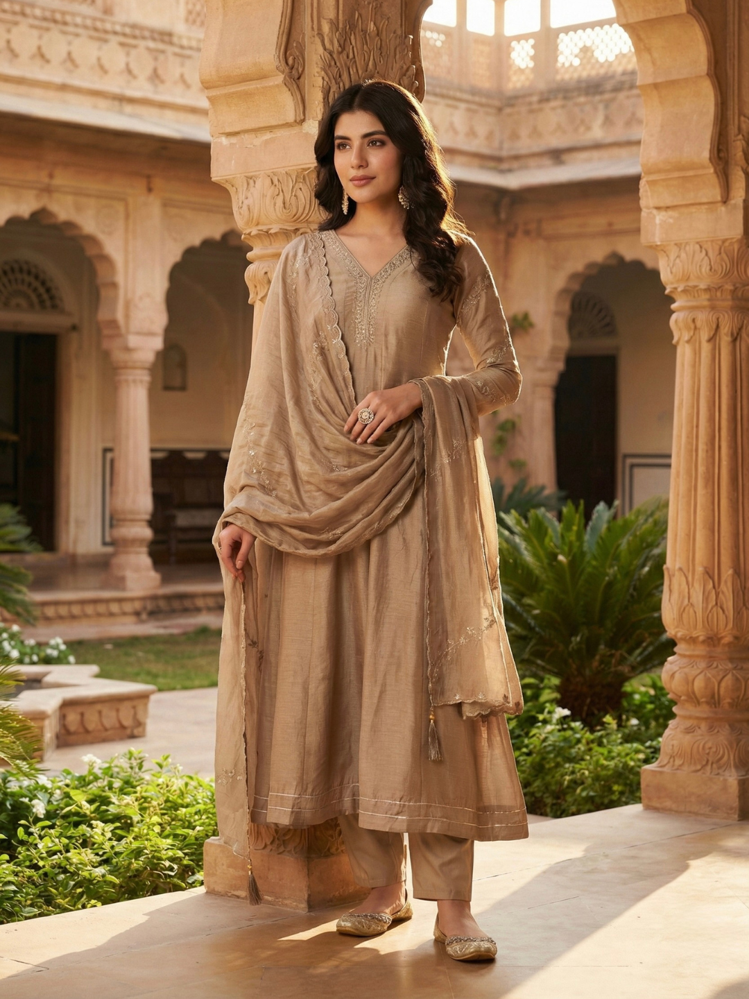 Beige Silk Embroidered Anarkali Kurta with Dupatta Set