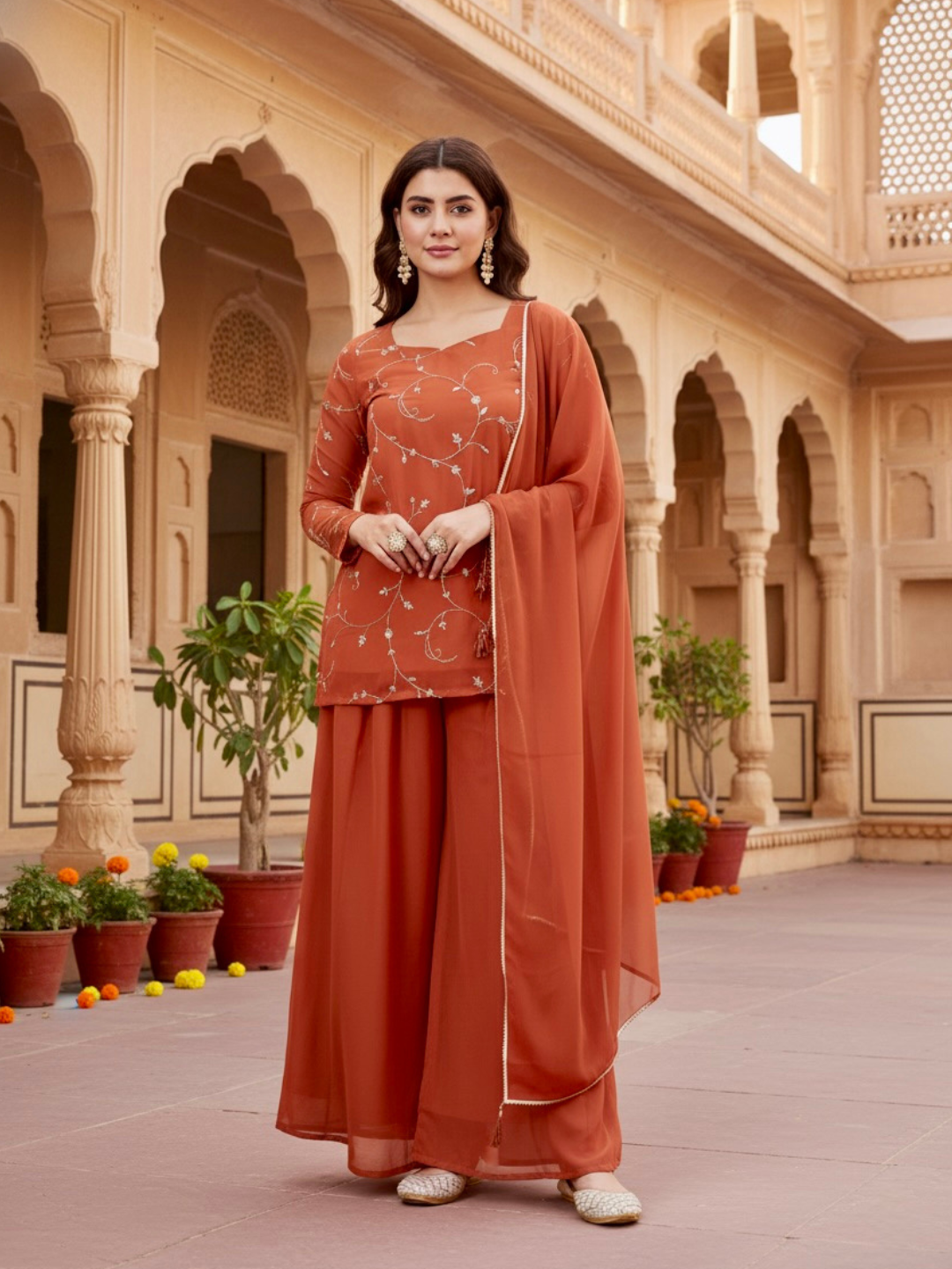 Orange Embroidered Georgette Straight Suit Set With Dupatta