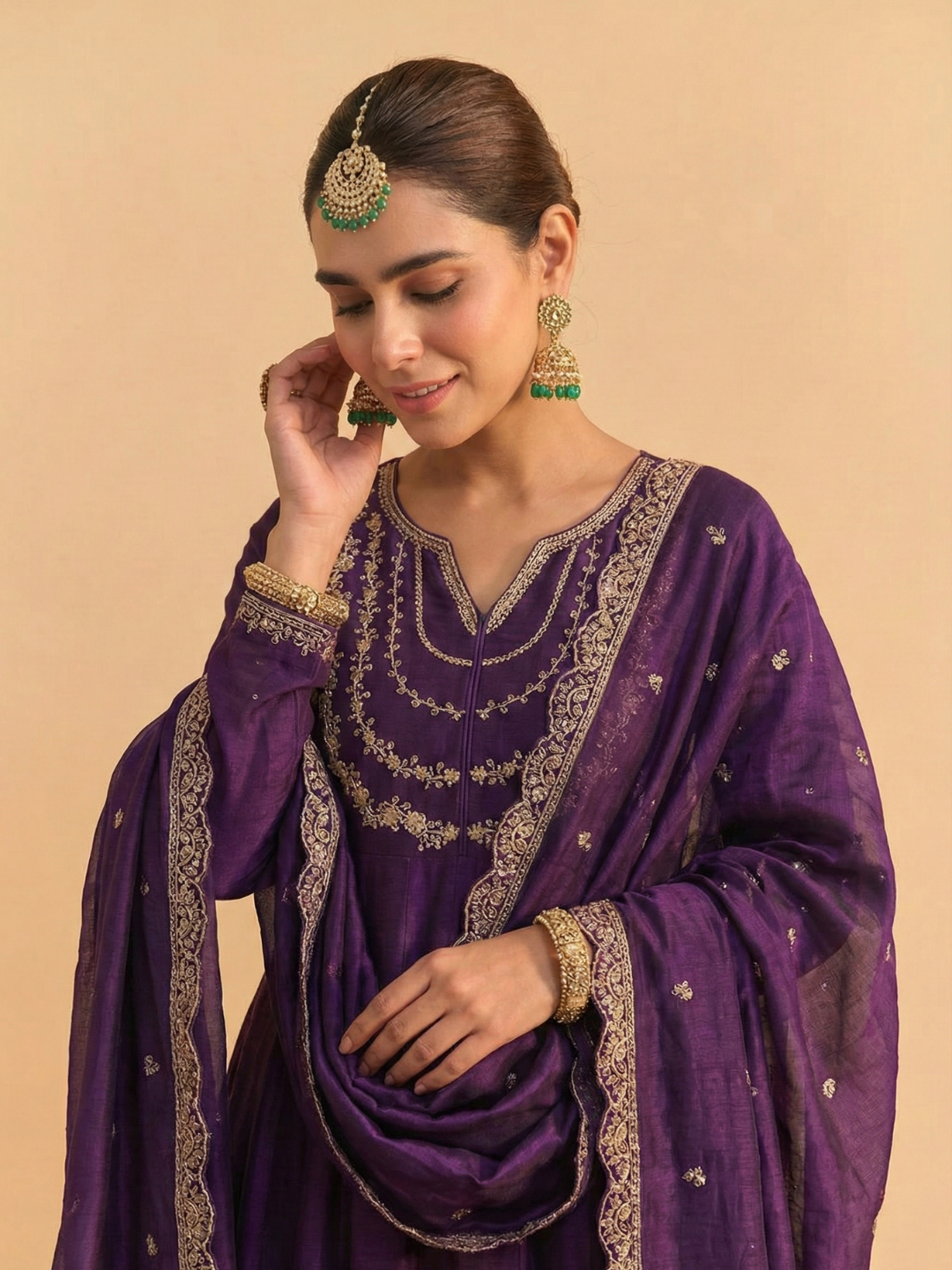 Violet Embroidered Silk Blend Anarkali Kurta With Dupatta Set