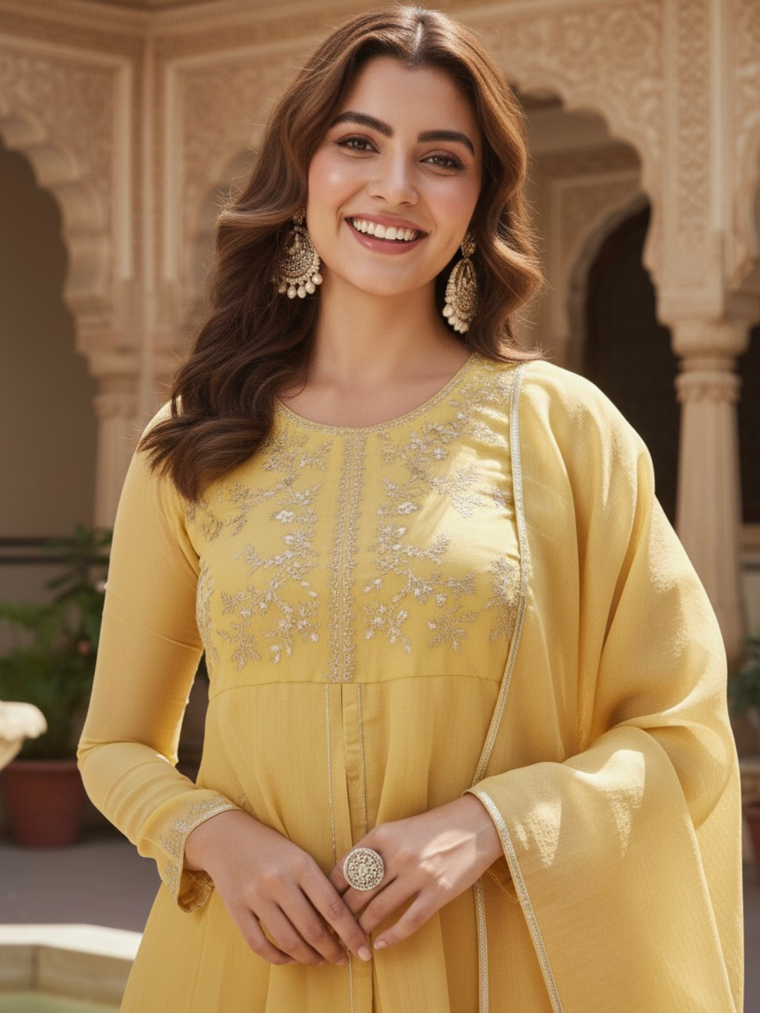 Yellow Silk Embroidered Top Sharara Set with Dupatta