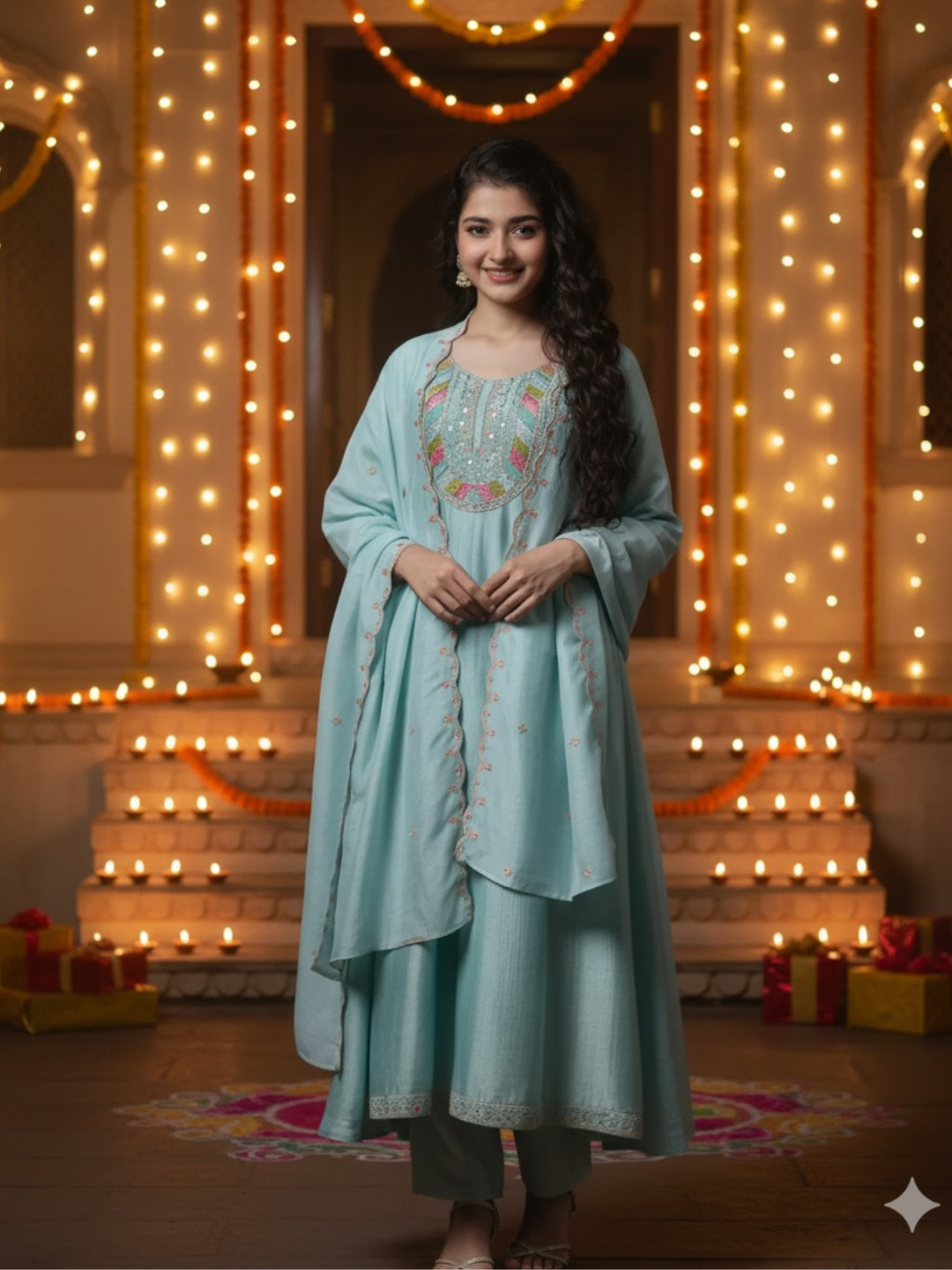 Sky Blue Silk Embroidered Anarkali Pant & Dupatta Set for Girls