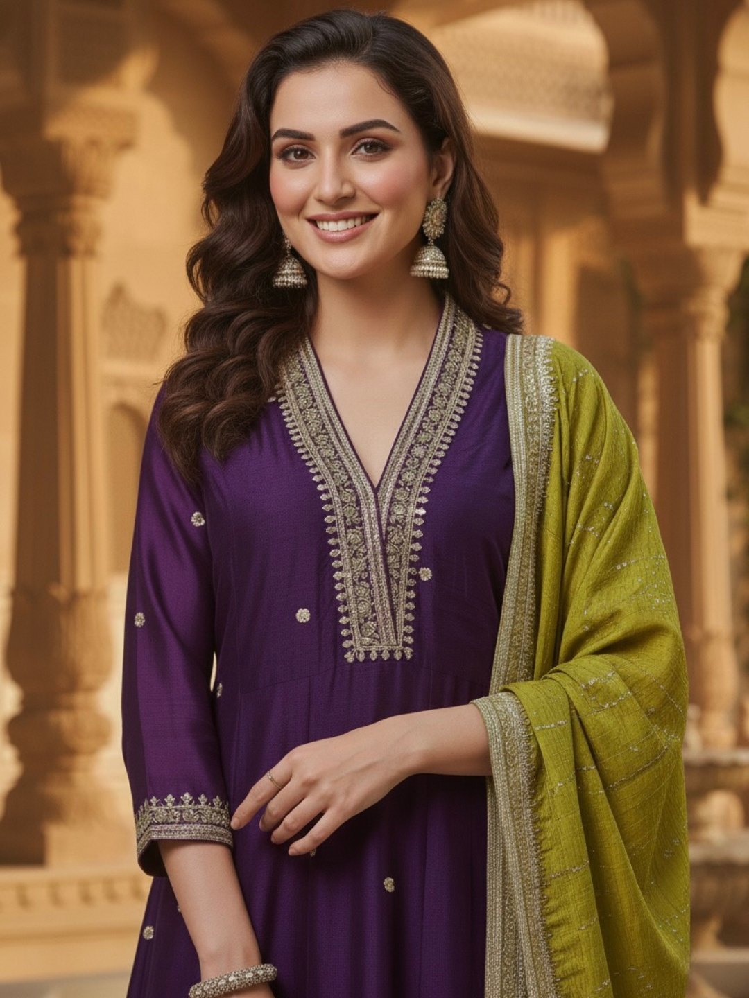 Violet Embroidered Silk Anarkali Kurta With Dupatta Set