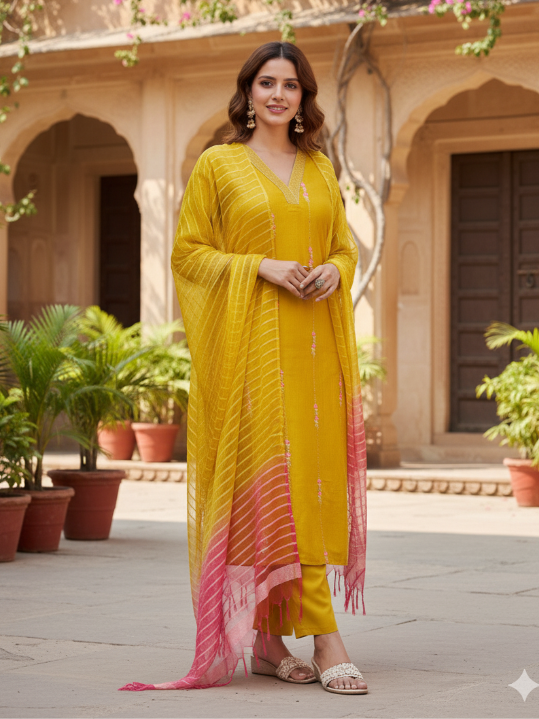 Musturd Embroidered Silk Kurta with Dupatta Set