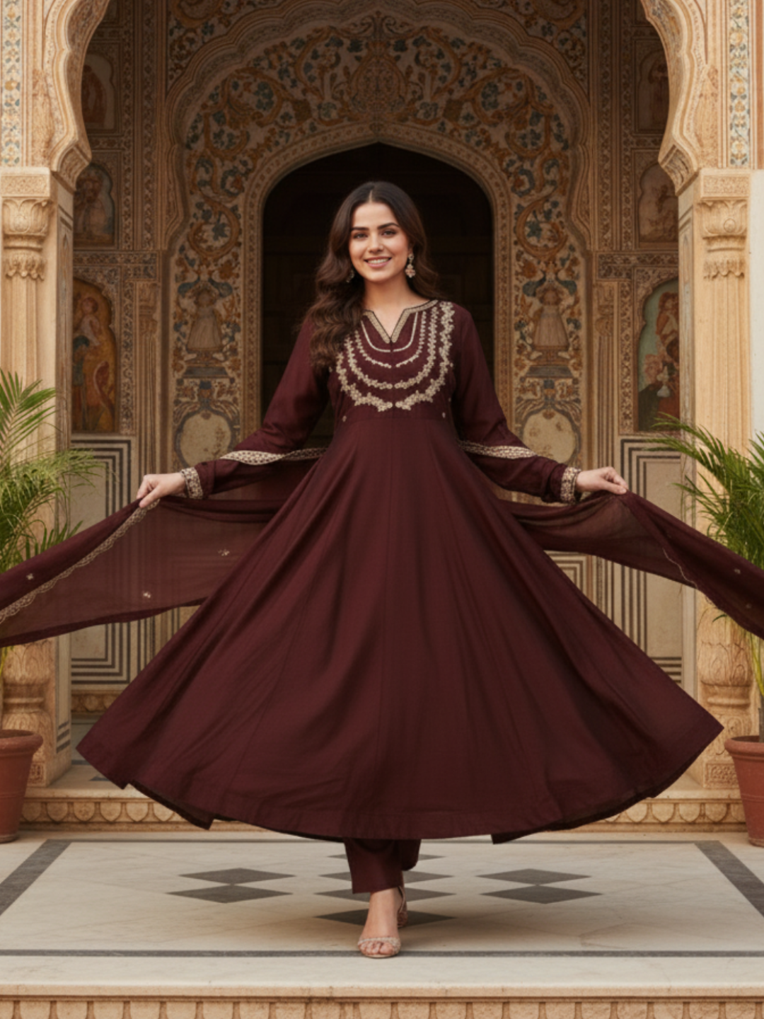 Brown Embroidered Silk Blend Anarkali Kurta With Dupatta Set