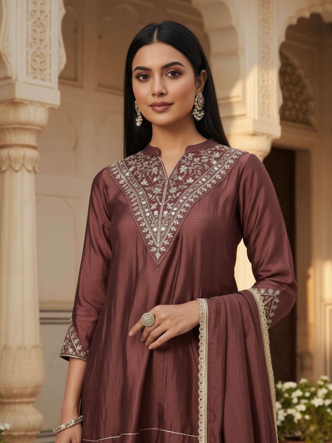 Berry Brown Silk Embroidered Kurta Sharara Suit With Dupatta