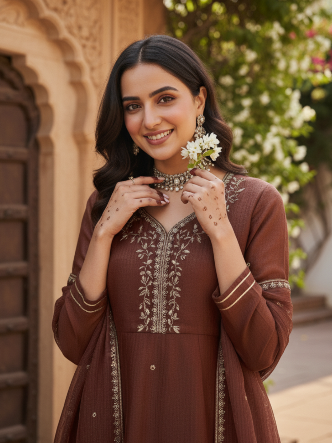 Coffee Embroidered Peplum Top with Sharara Set
