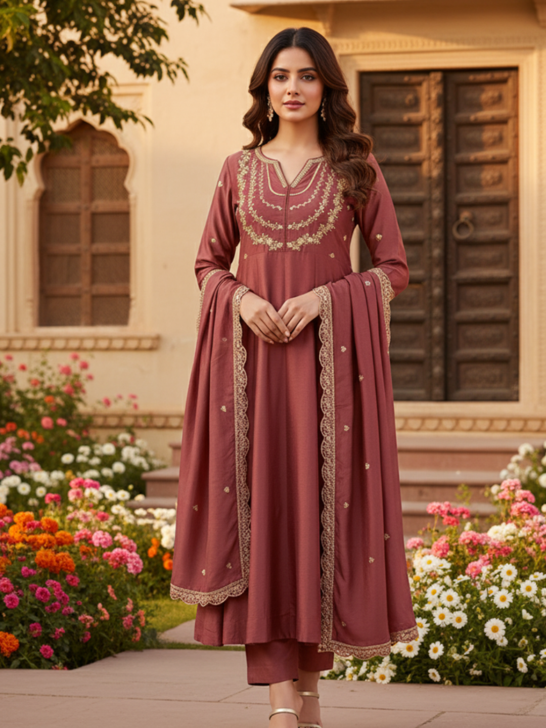Maroon Embroidered Silk Blend Anarkali Kurta With Dupatta Set