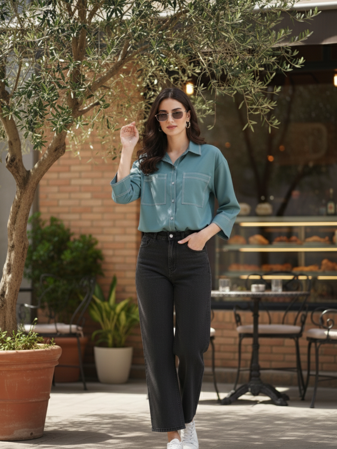 Denim Blue Crepe Plain Regular shirt for woman