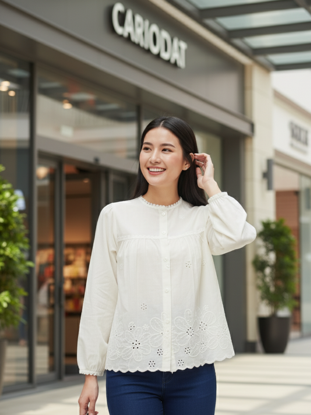 Off White Embroidered Full Sleeves Regular Cotton Shirt