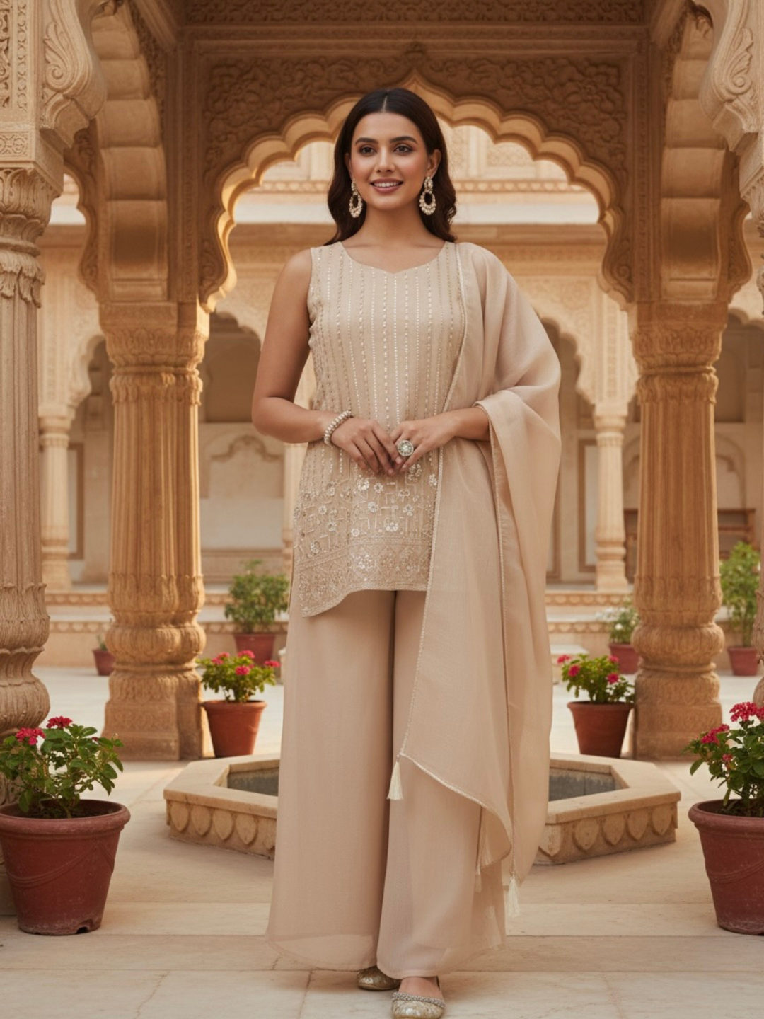 Beige Silk Embroidered Straight Suit Set with Dupatta | full front side image