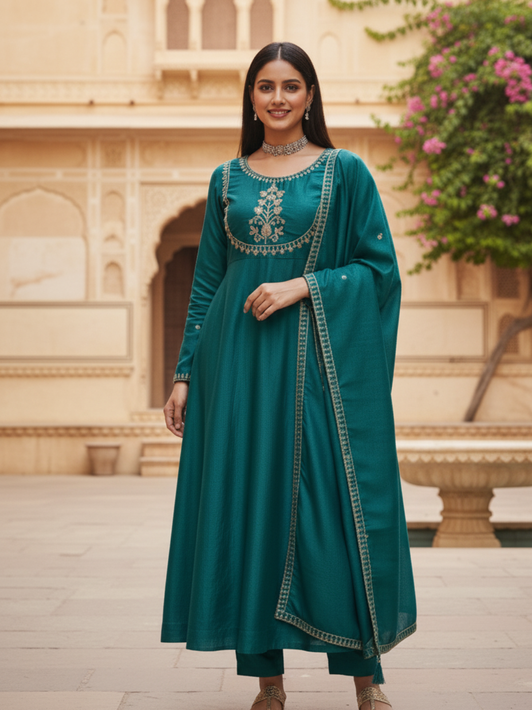 Rama Embroidered Silk Anarkali Kurta With Dupatta Set