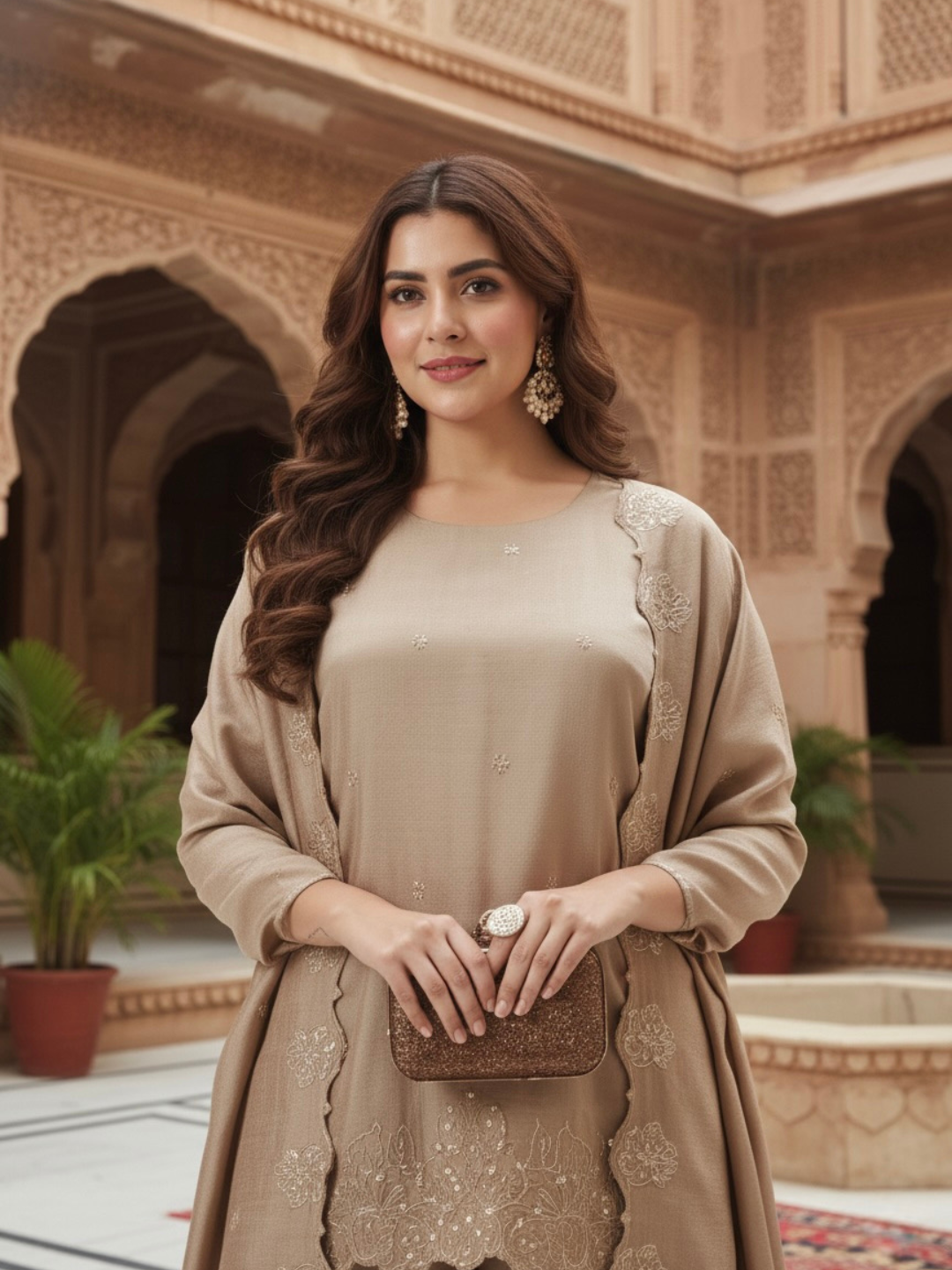 Grey Silk Embroidered Suit with Palazzo Set for Women