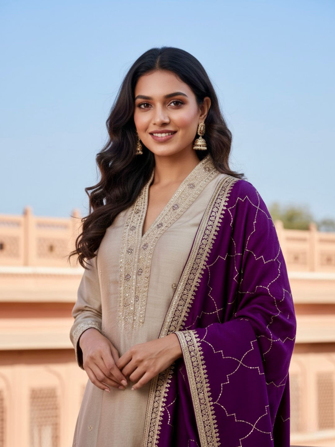 Grey Embroidered Silk Anarkali Kurta With Purple Dupatta Set