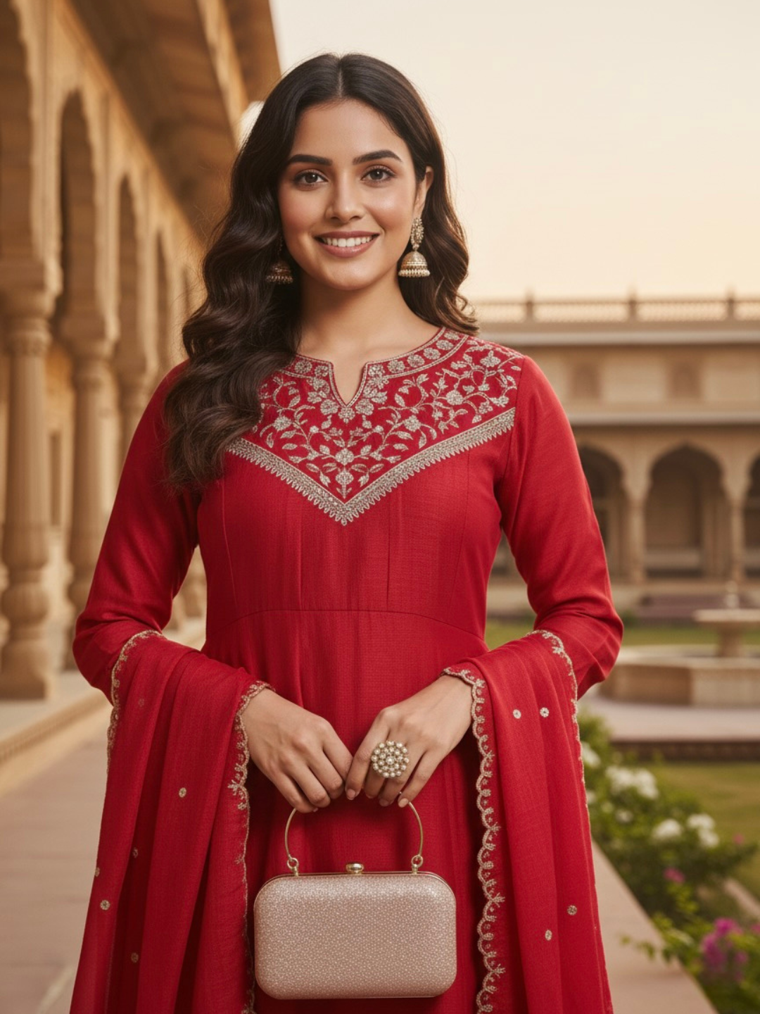 Red Embroidered Silk Anarkali Kurta With Dupatta Set