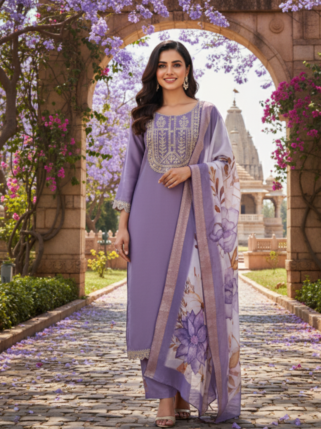 Purple Chinon Straight Kurta With Printed Dupatta