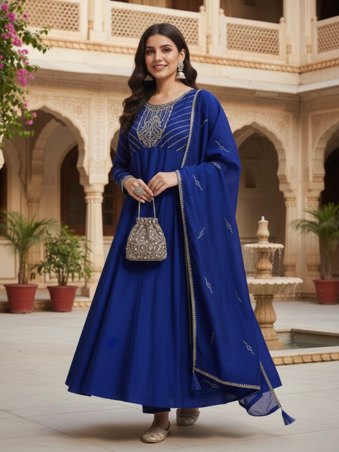 Royal Blue Embroidered Silk Anarkali Kurta With Dupatta Set