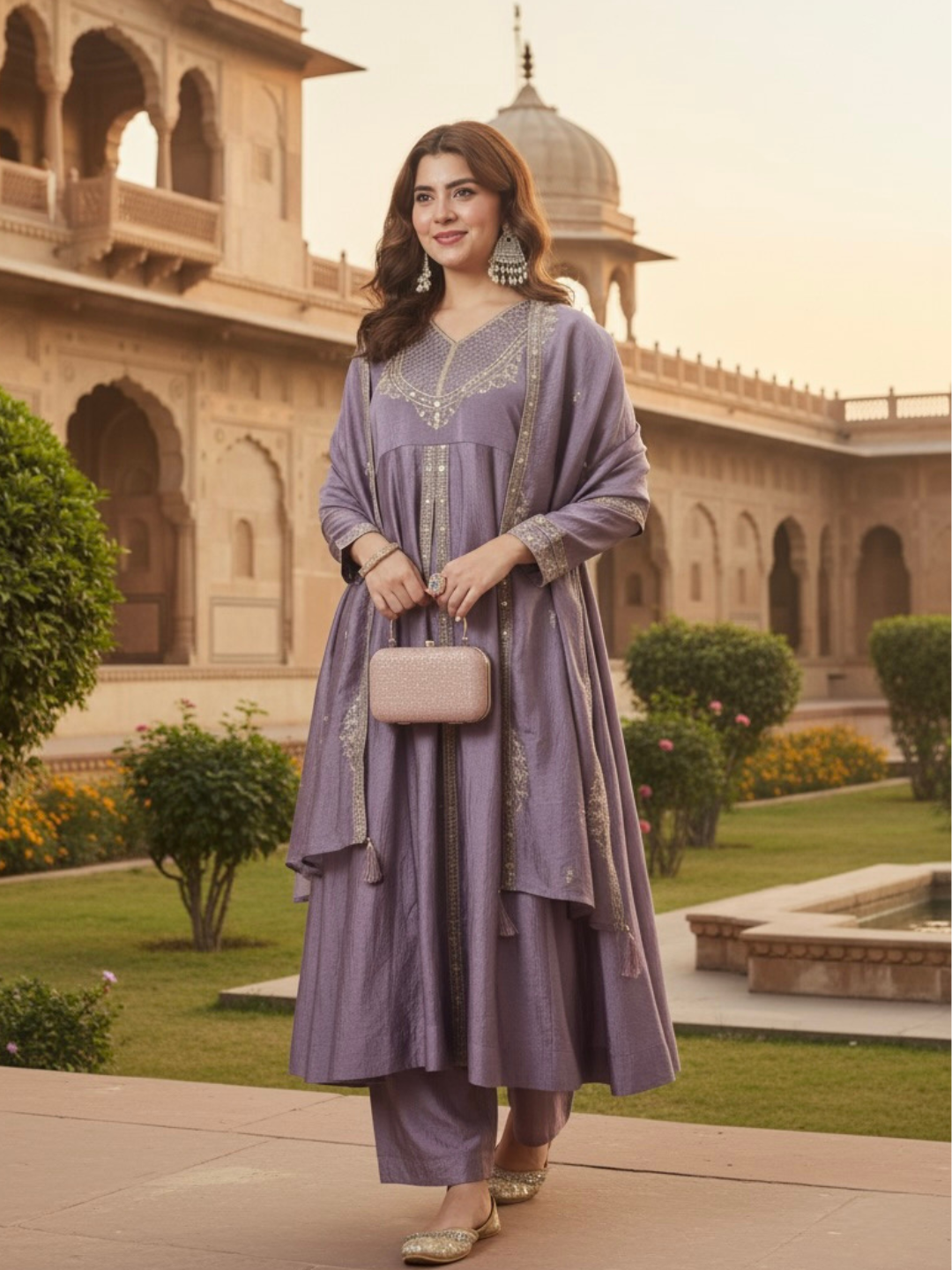 Lavender Silk Embroidered Anarkali Kurta With Dupatta Set for Women