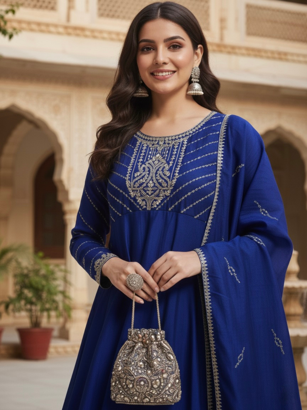 Royal Blue Embroidered Silk Anarkali Kurta With Dupatta Set