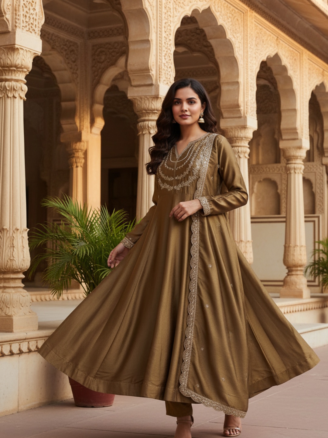 Gold Embroidered Silk Blend Anarkali Kurta With Dupatta Set