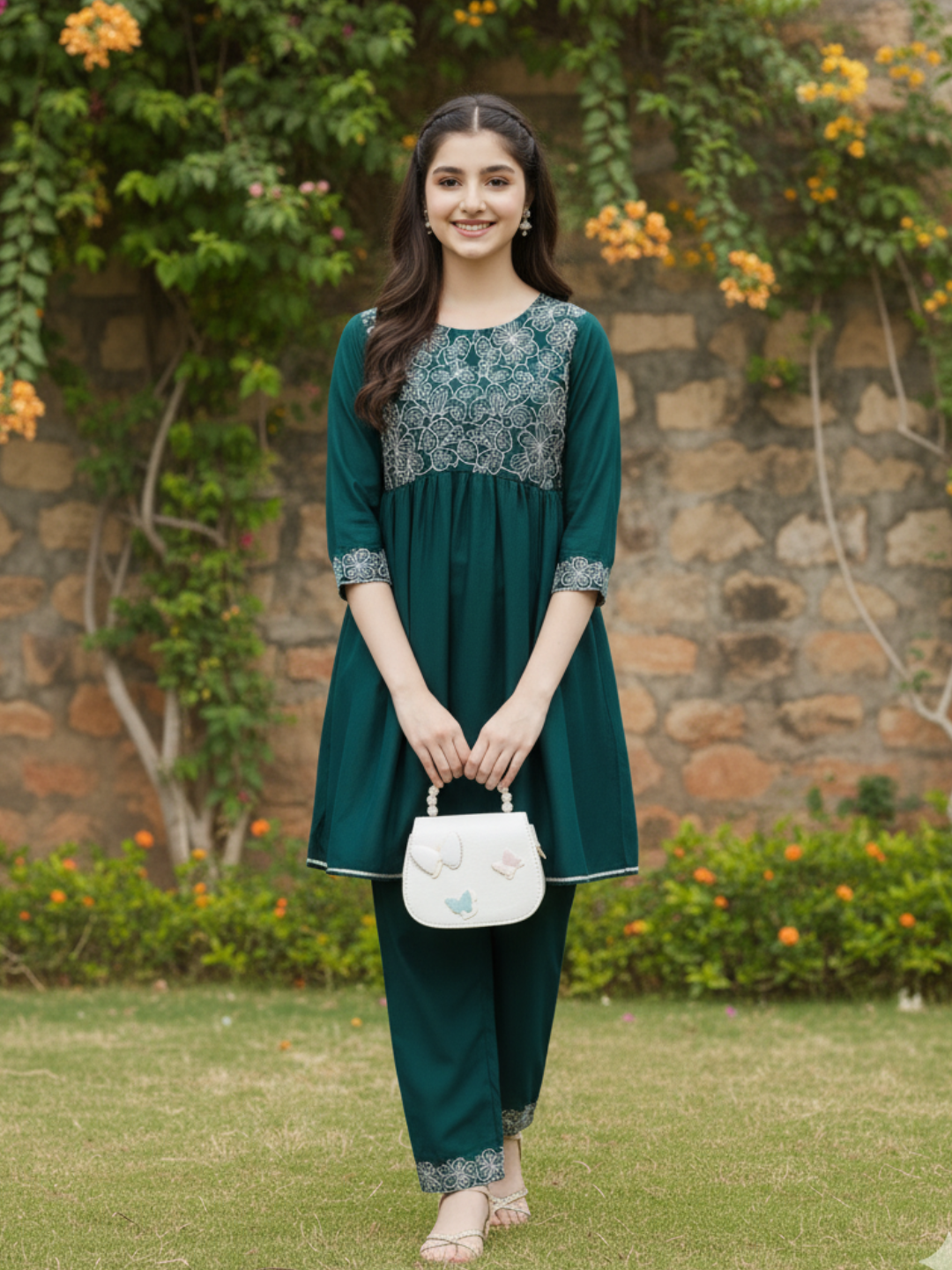 Girl's Bottol Green Chinon Embroidered Kurta plazzo set