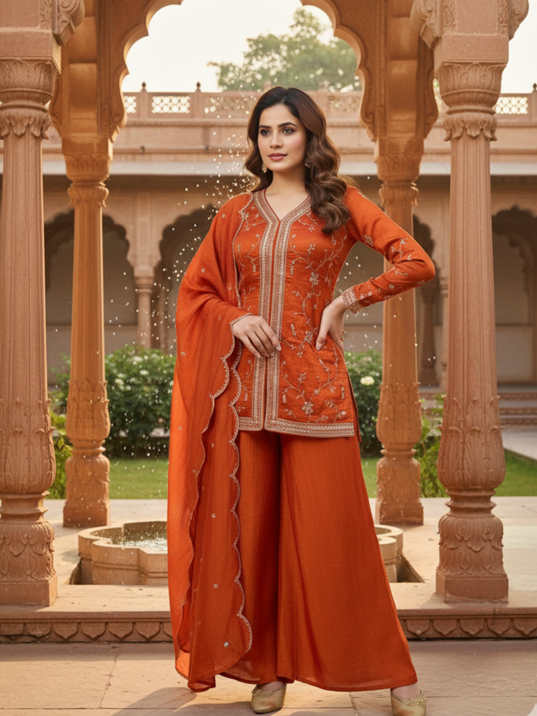 Orange Embroidered Peplum Top with Sharara Set