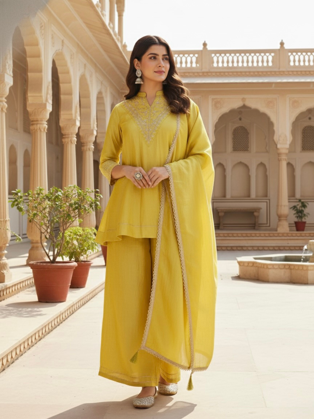 Yellow Silk Embroidered Kurta Sharara Suit With Dupatta