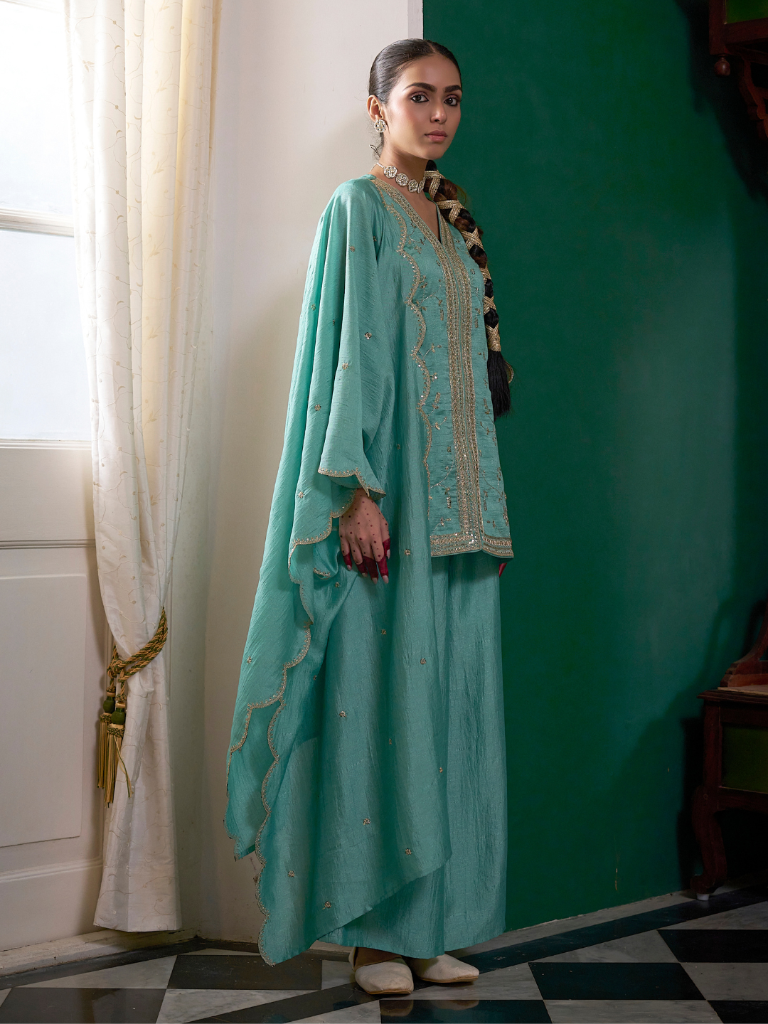 C-Green Embroidered Peplum Top with Sharara Set