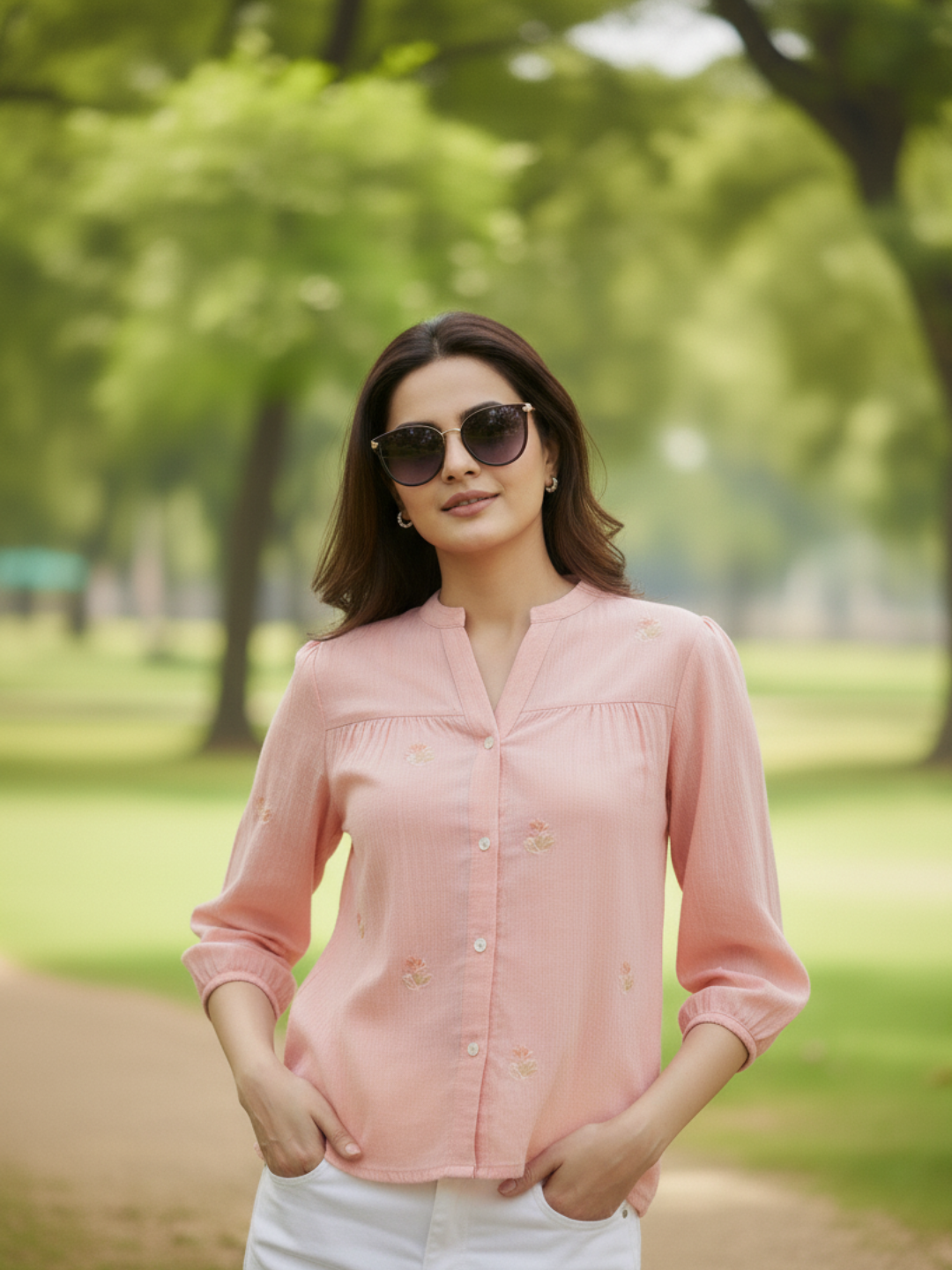 Pink Casual Cotton Shirt with Elegant Embroidery for women