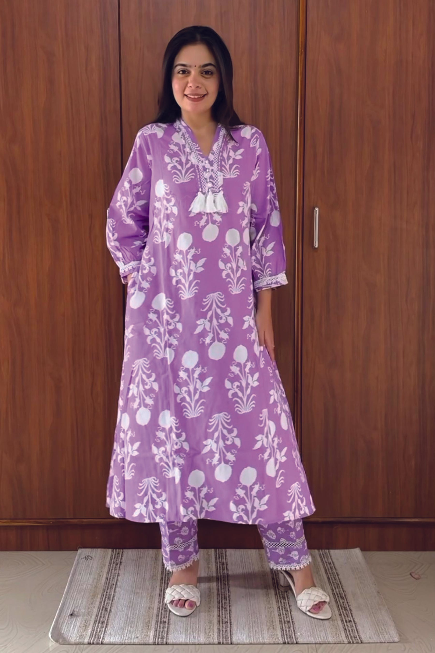 Purple Cotton Printed Handwork Co-ord Set