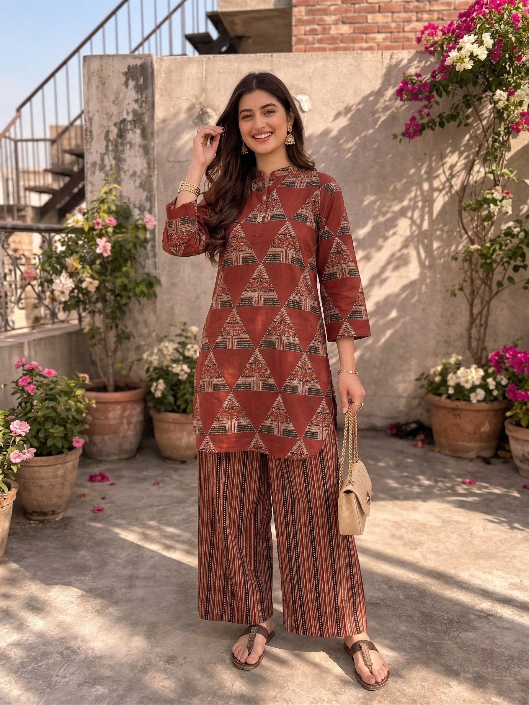 Women Red Printed Cotton Kurta with Palazzo Set