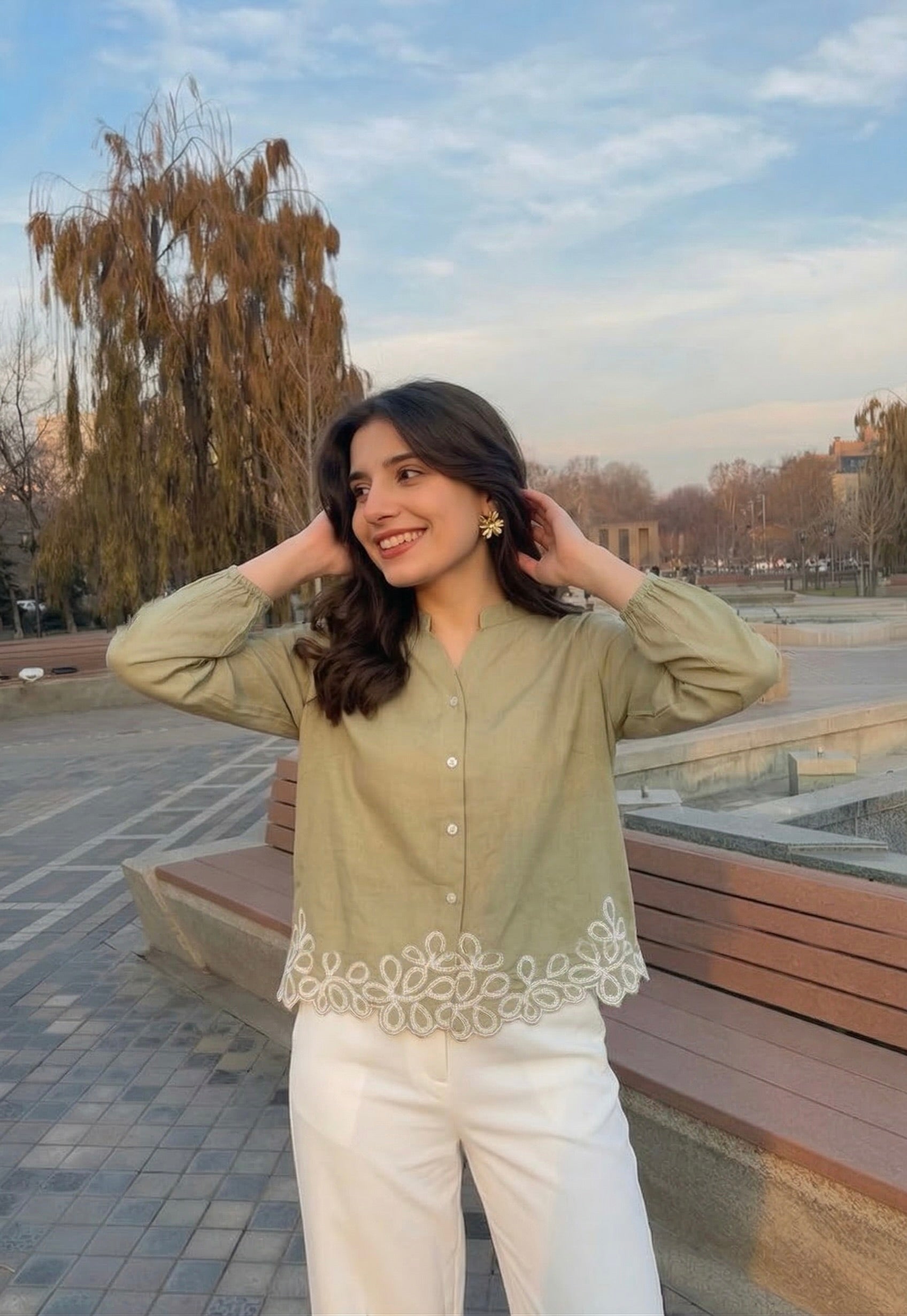 Khaki Embroidered Full Sleeves Regular Rayon Shirt