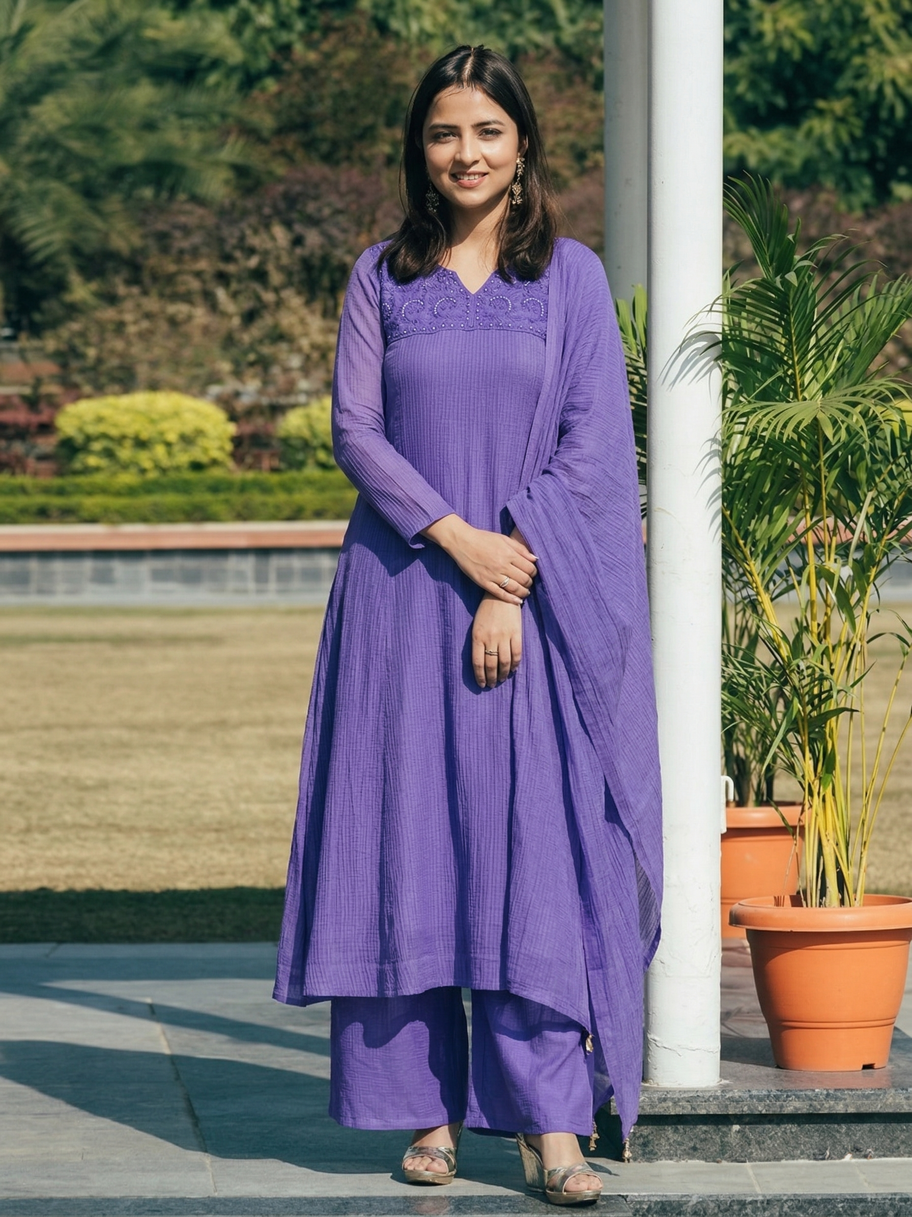Women’s Ethnic Purple Cotton Anarkali Kurta Palazzo Set with Dupatta