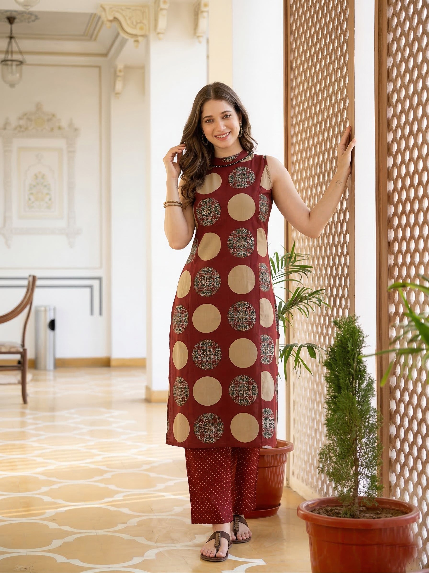 Women’s Maroon Cotton Printed Straight Co-ords Set