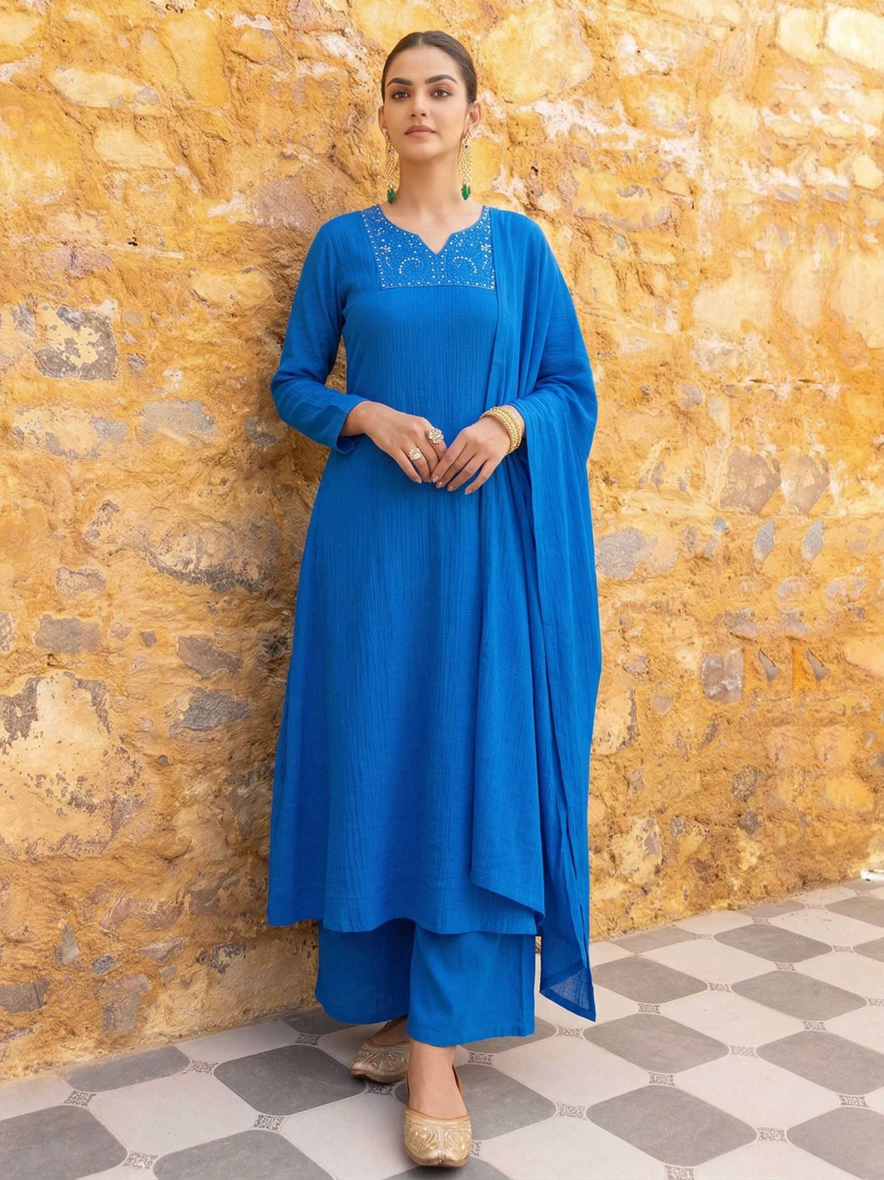 Women’s Royal Blue Cotton Flared Anarkali Kurta Palazzo Set with Dupatta