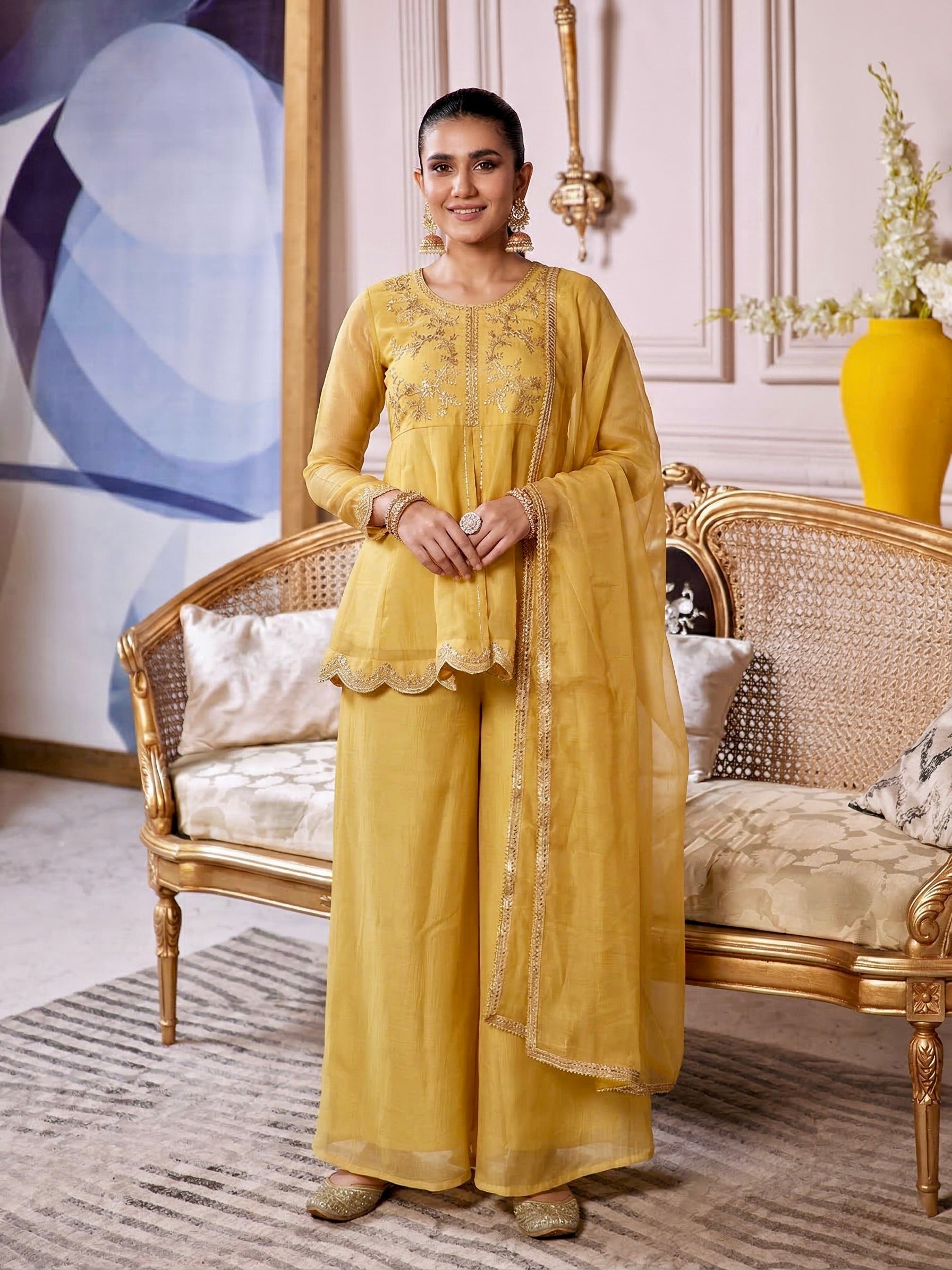 Yellow Silk Embroidered Top Sharara Set with Dupatta