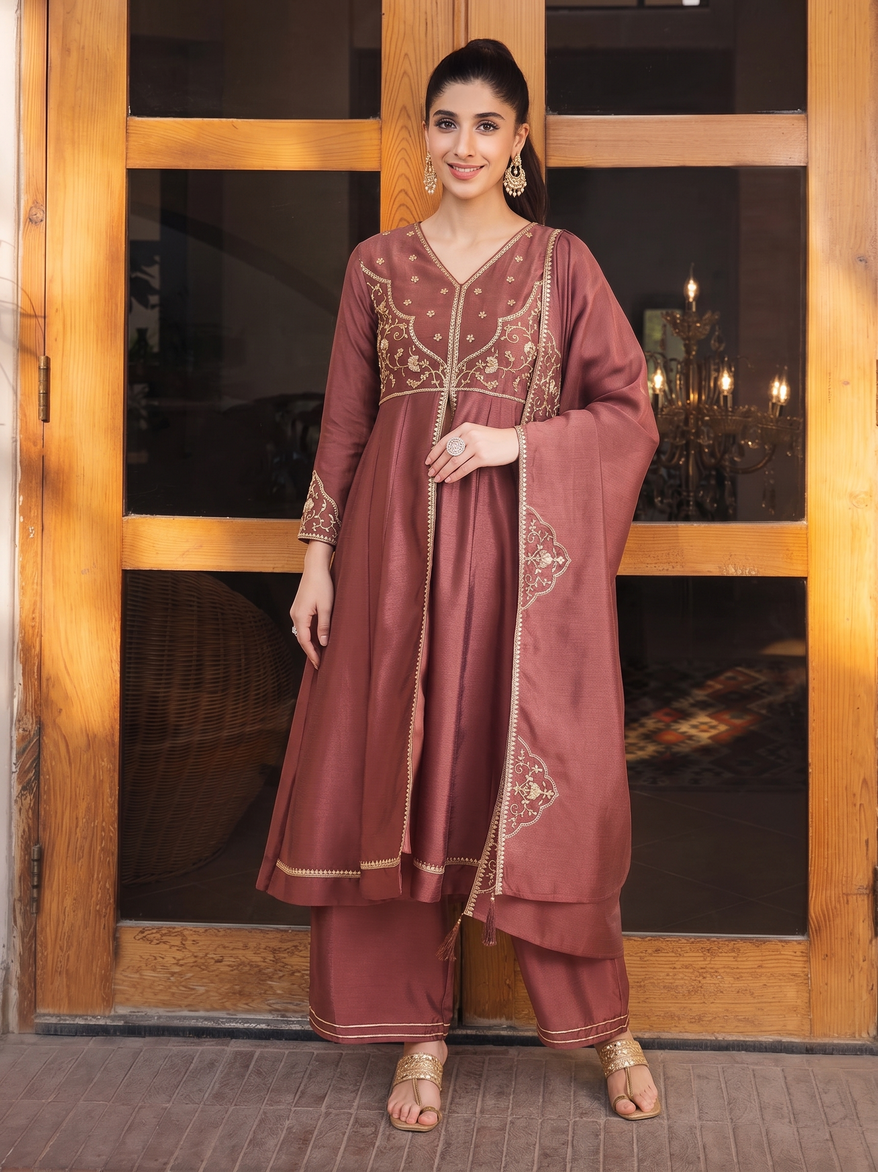 Berry Embroidered Silk Anarkali Dress Set with Dupatta For Women