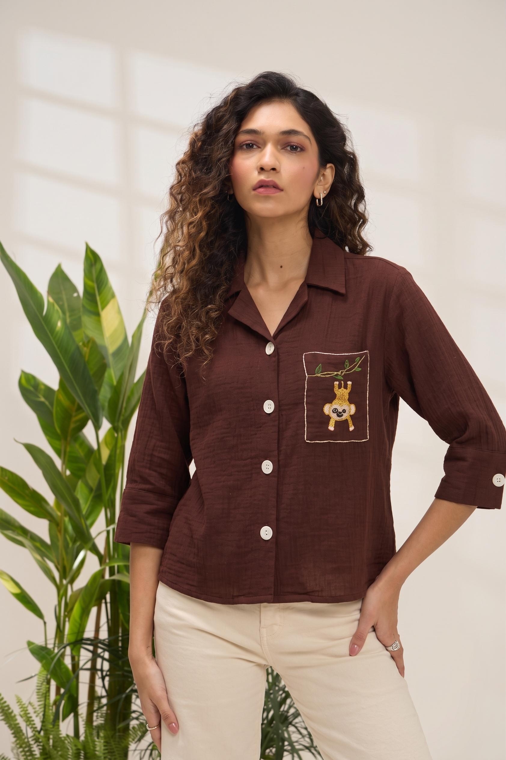Coffee Cotton Casual Pocket Embroidery Shirt For Women