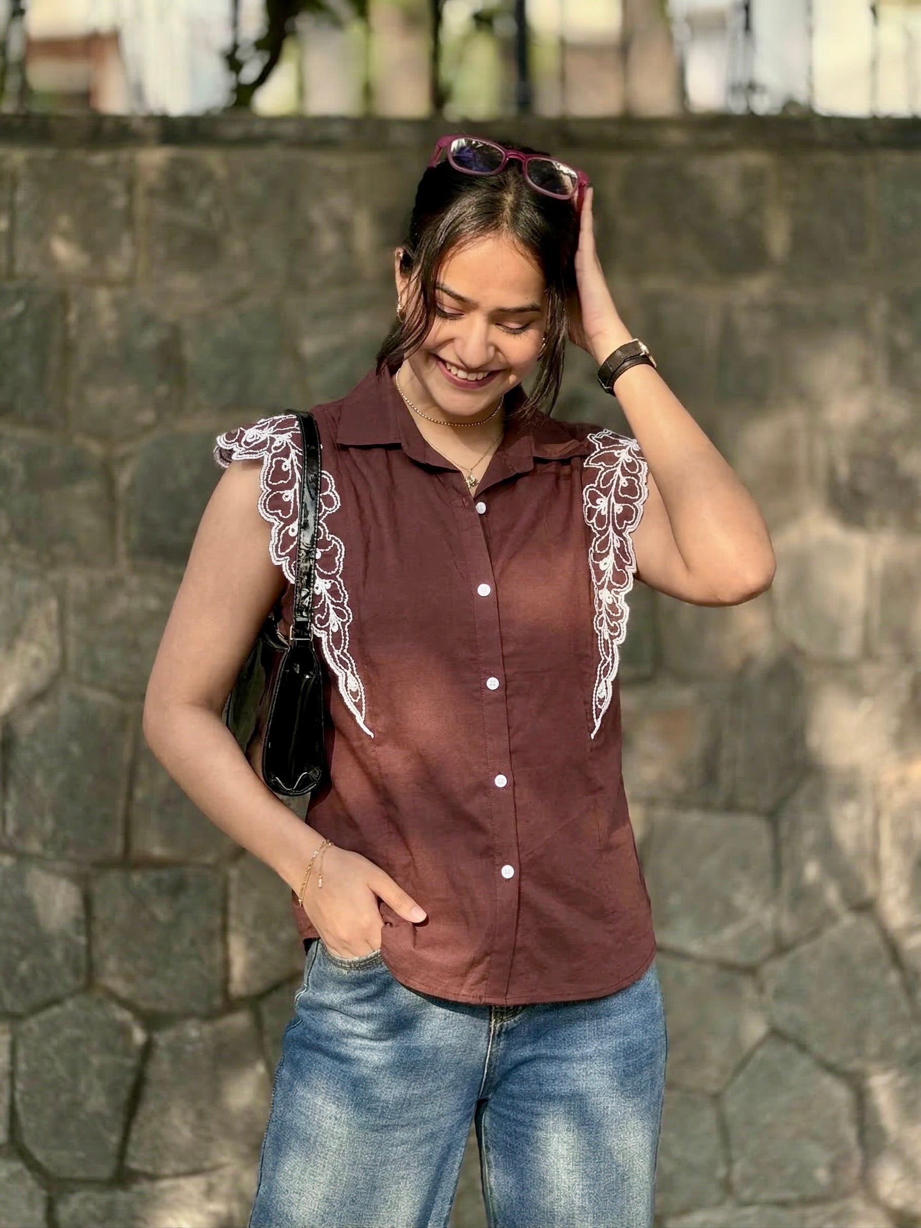 Coffee Cotton Embroidered Regular Fit Shirt for Women