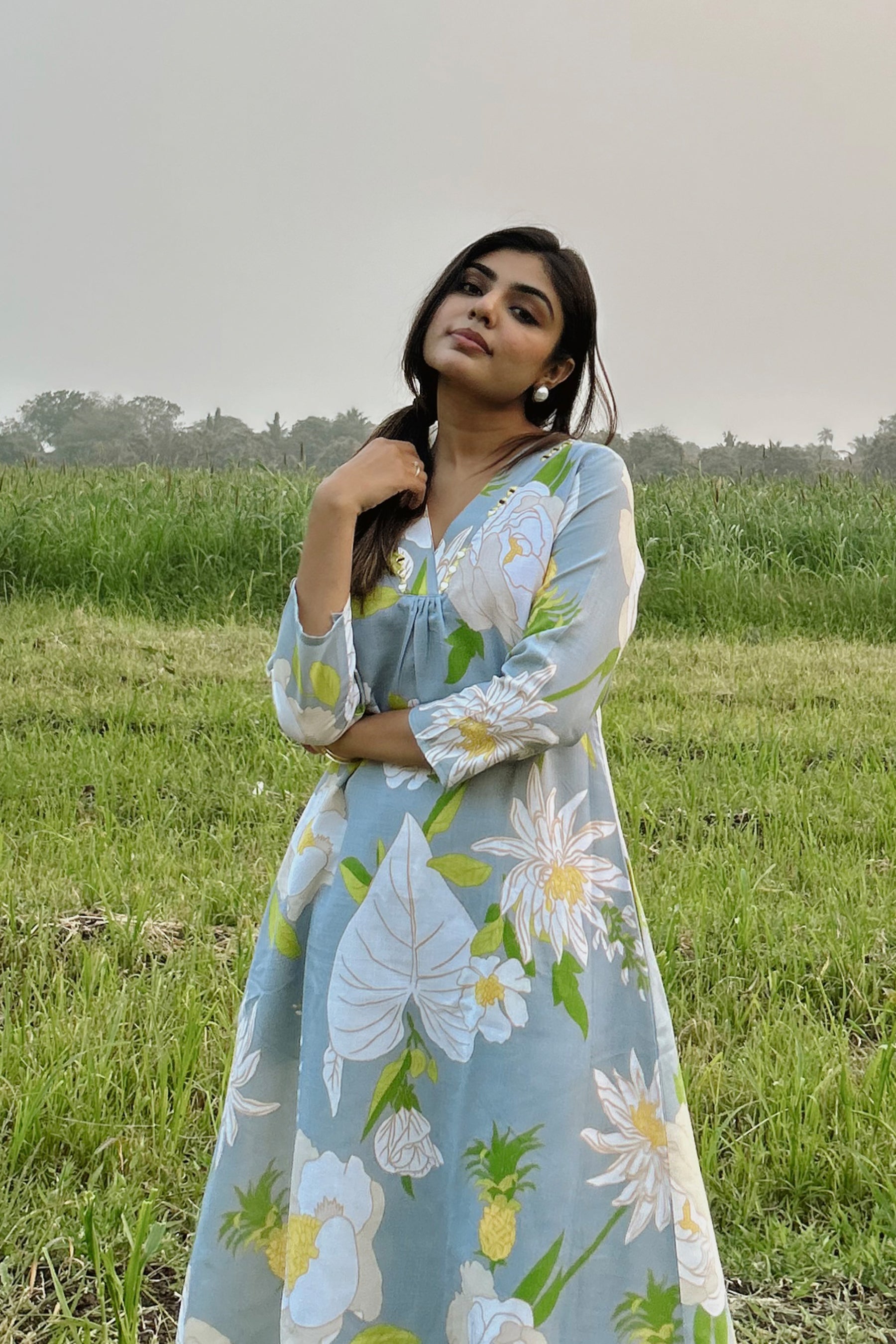 Grey Printed Embroidered Cotton Co-Ord Set