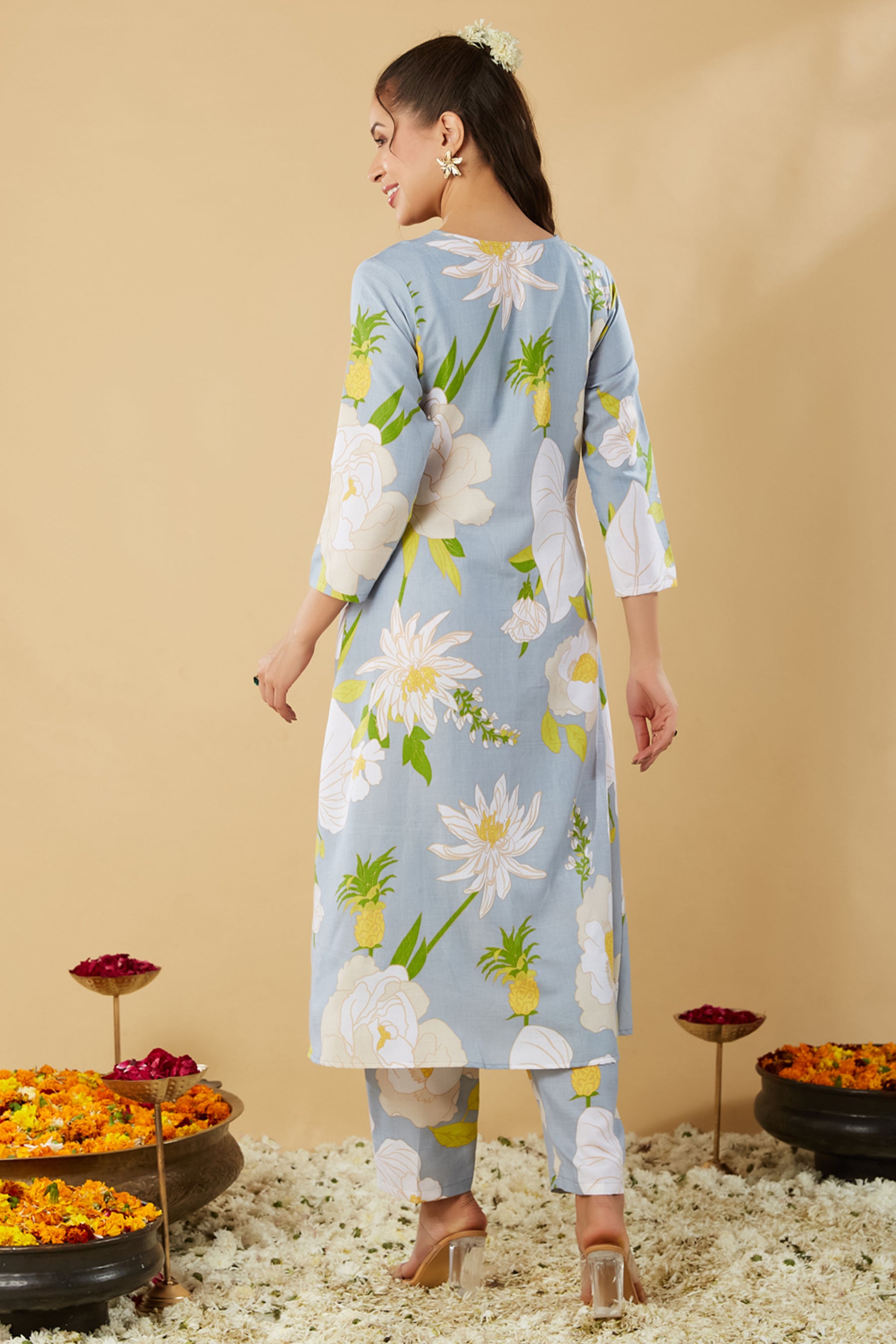 Grey Printed Embroidered Cotton Co-Ord Set