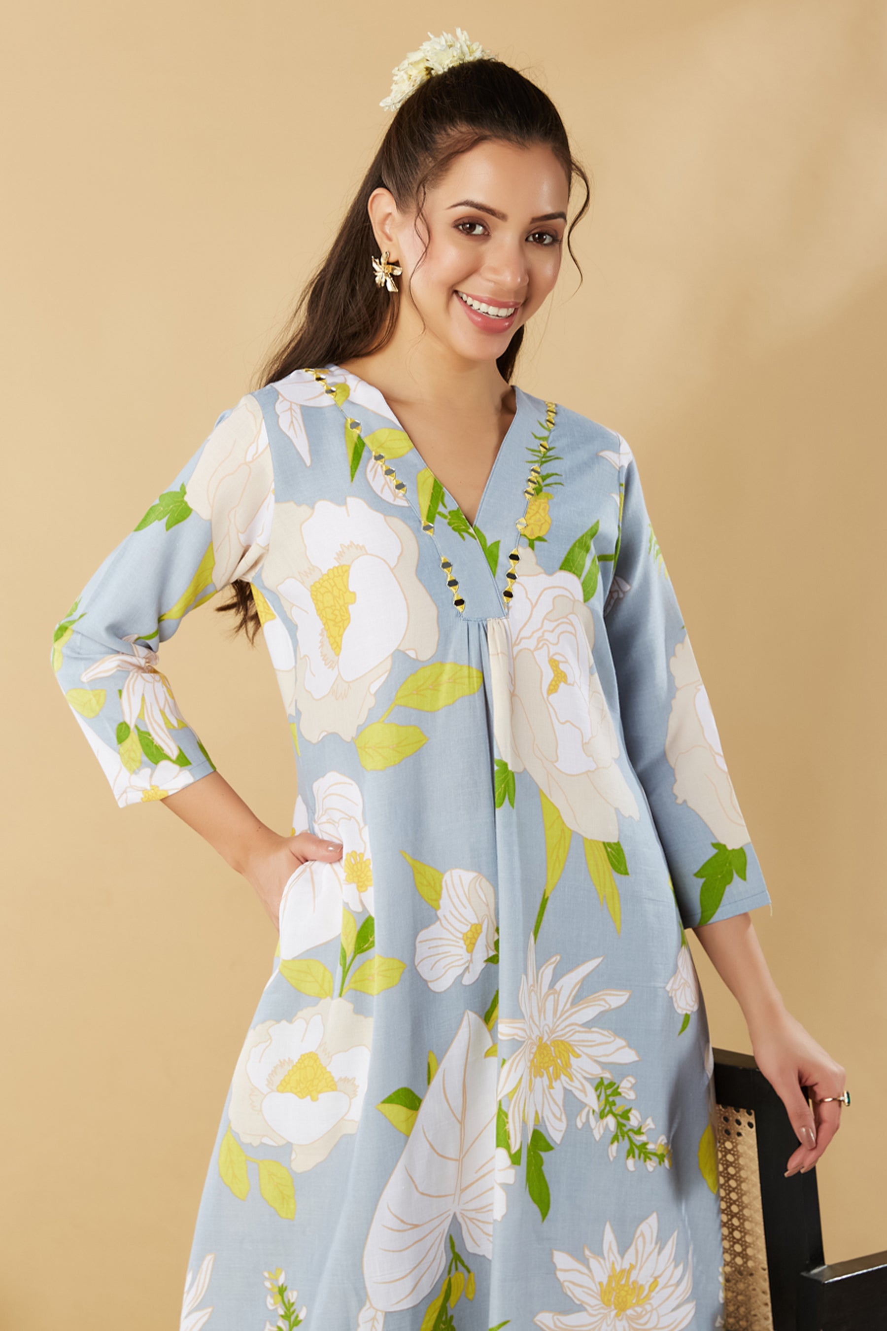 Grey Printed Embroidered Cotton Co-Ord Set