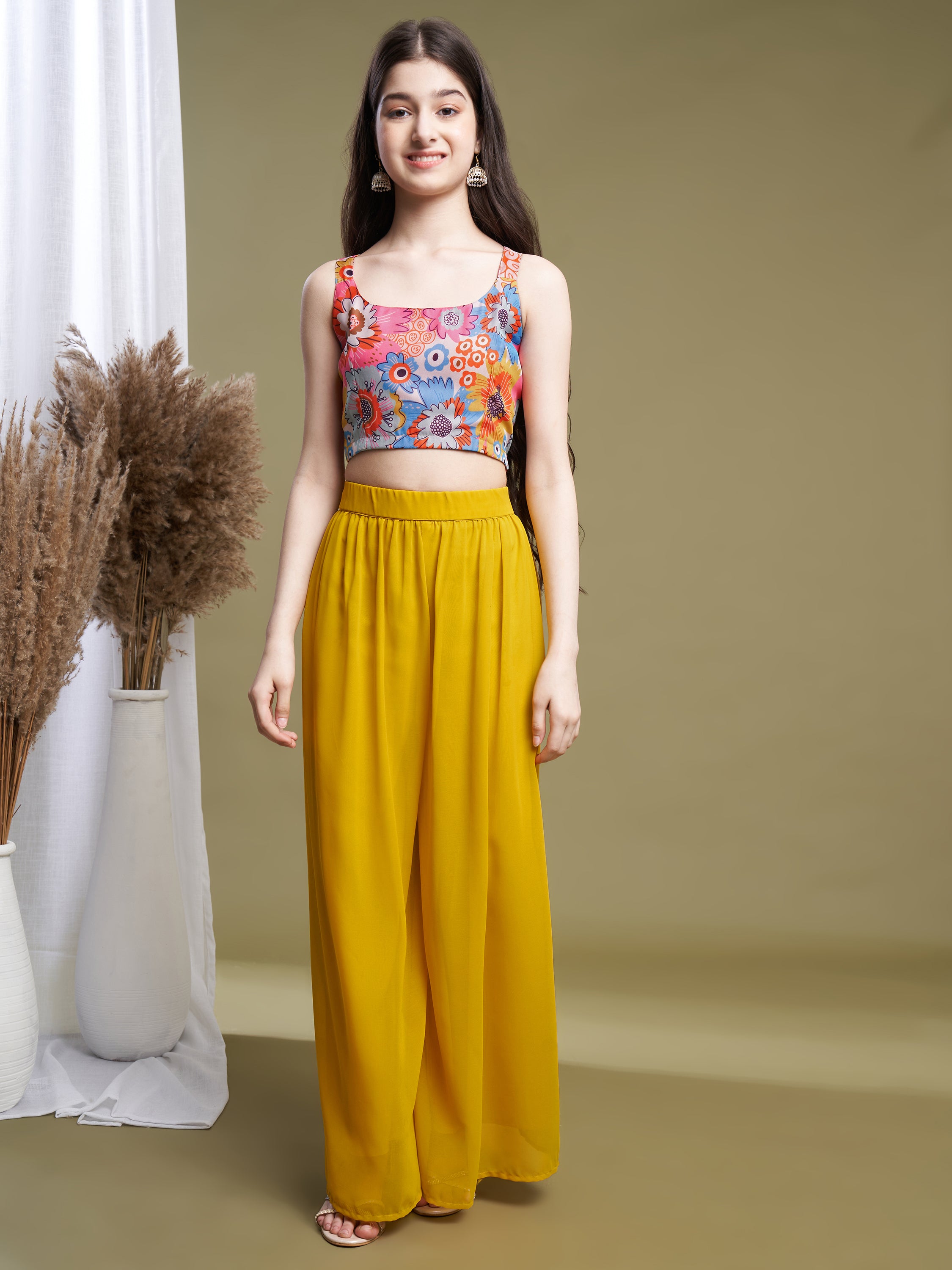 Girls Multi-Yellow Georgette Printed Top-Plaza & Shrug Set