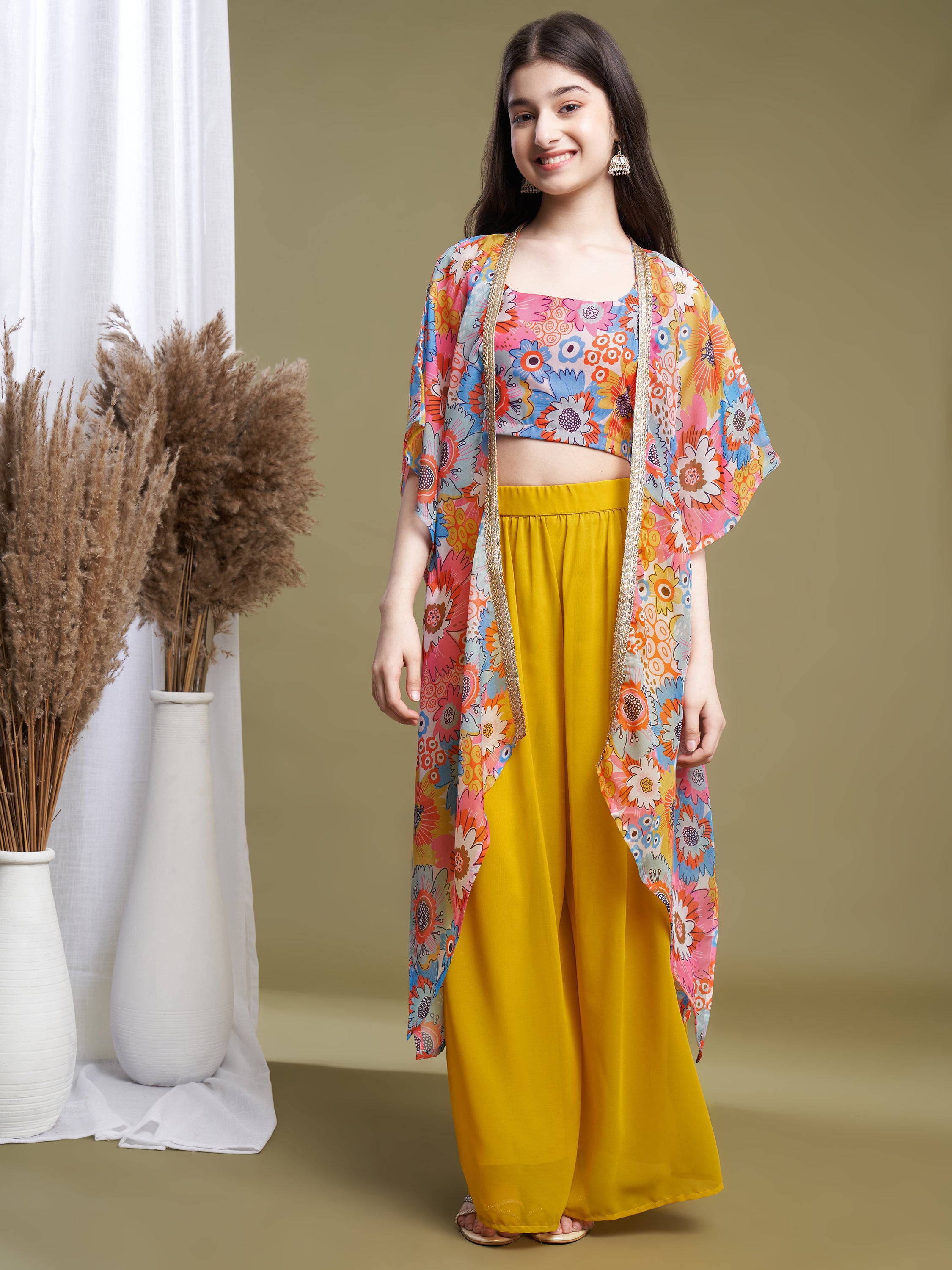 Girls Multi-Yellow Georgette Printed Top-Plaza & Shrug Set