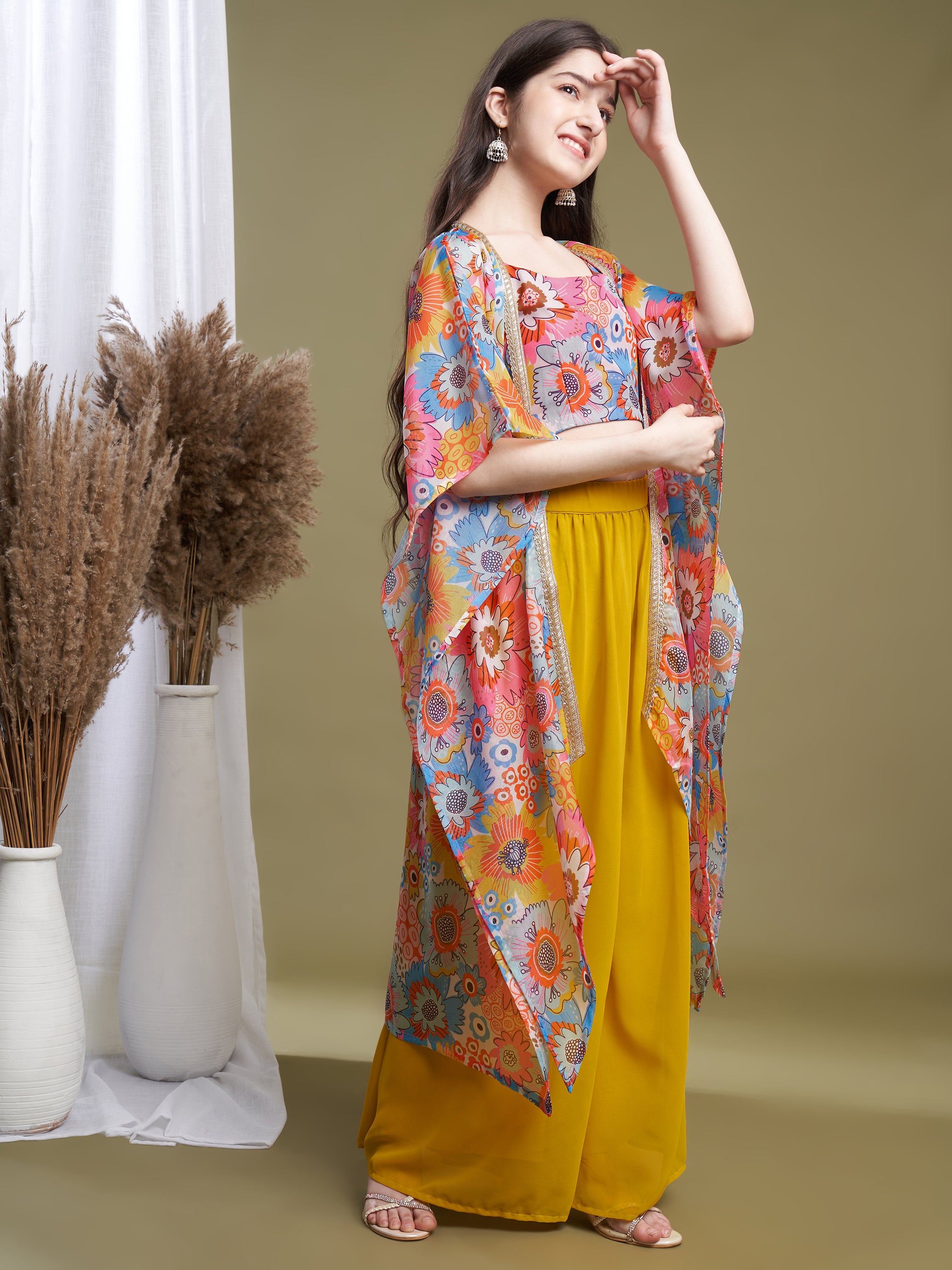 Girls Multi-Yellow Georgette Printed Top-Plaza & Shrug Set