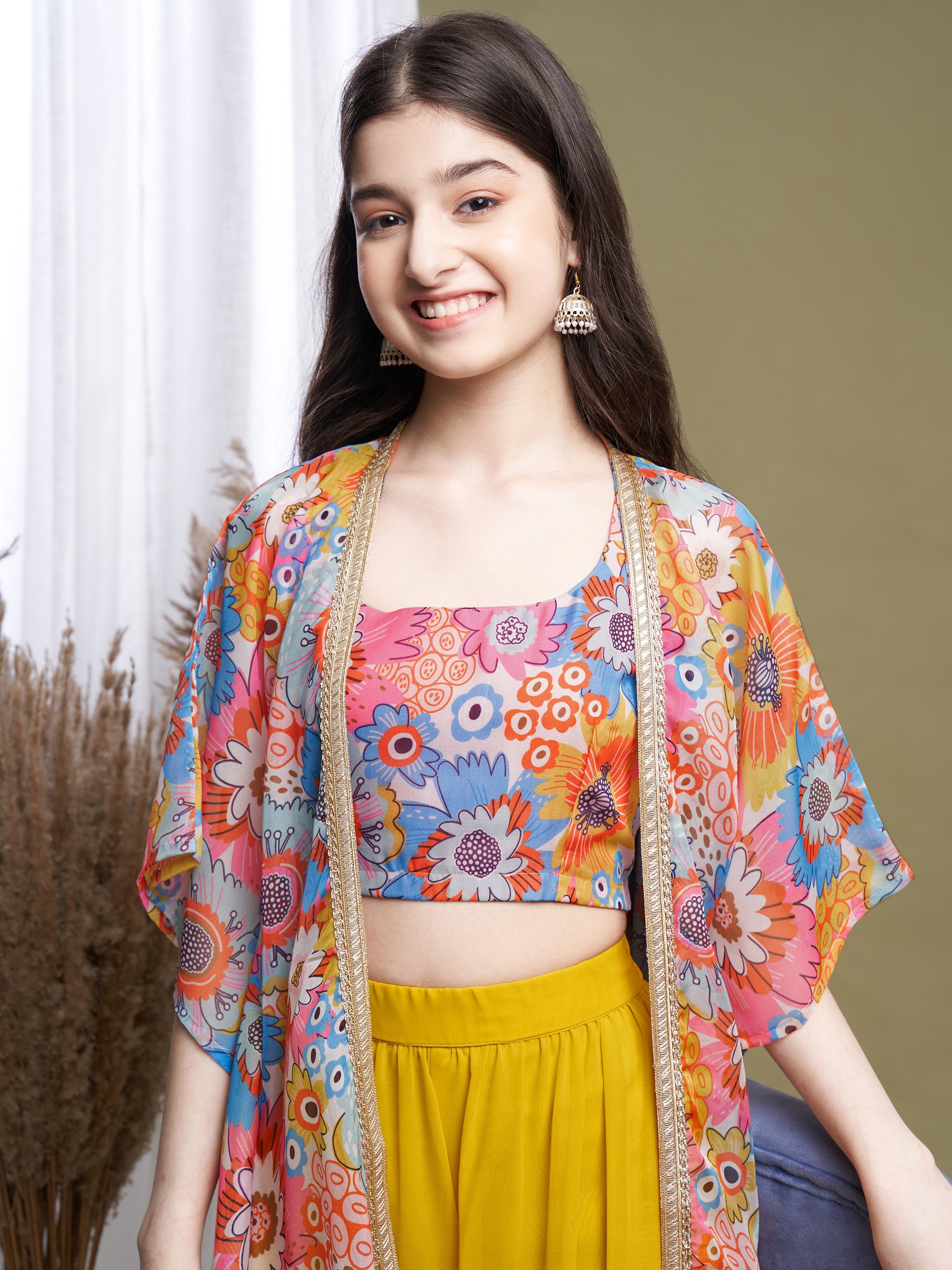 Girls Multi-Yellow Georgette Printed Top-Plaza & Shrug Set