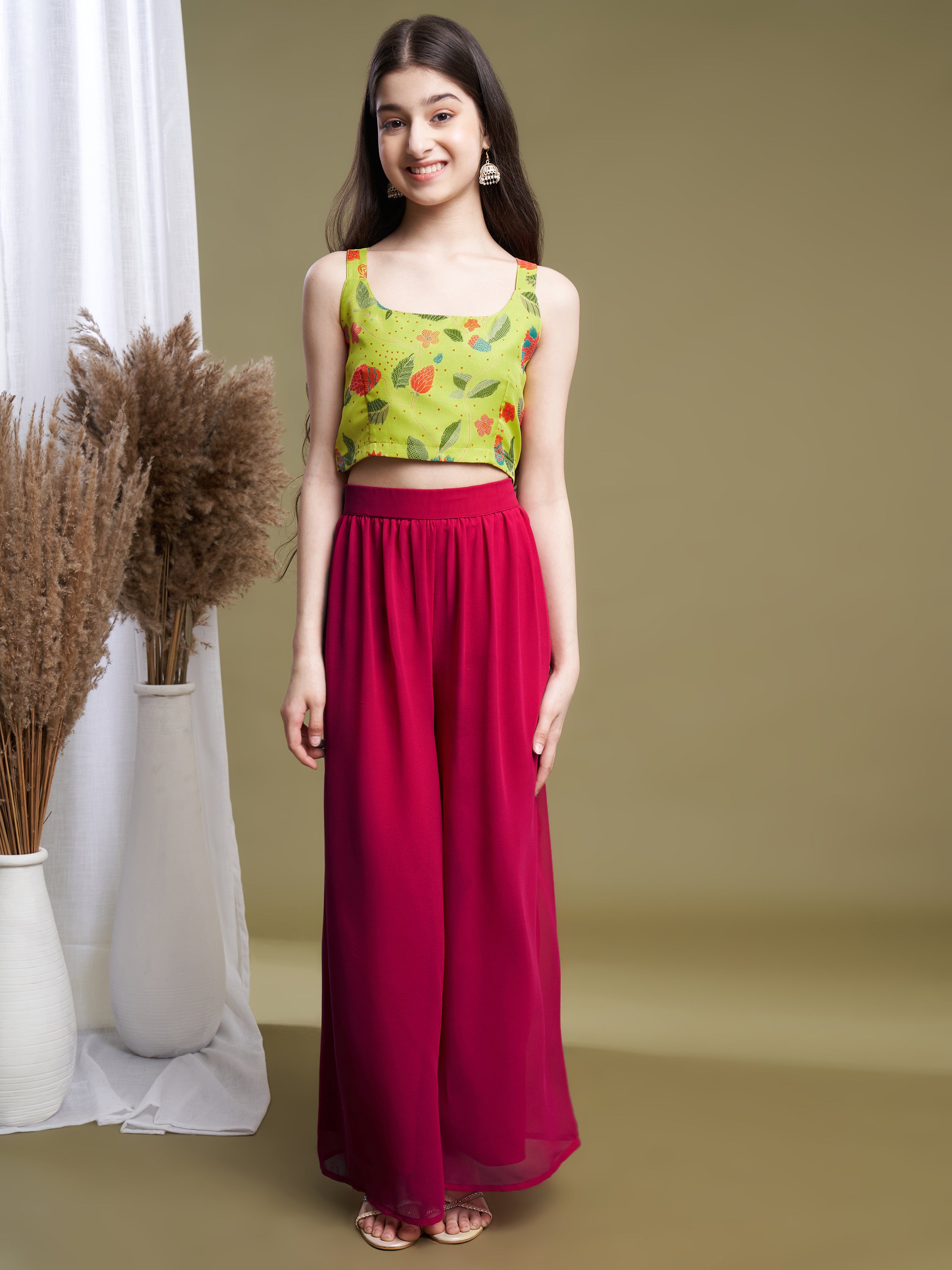 Girls Lime-Rani Georgette Printed Top-Plaza & Shrug Set