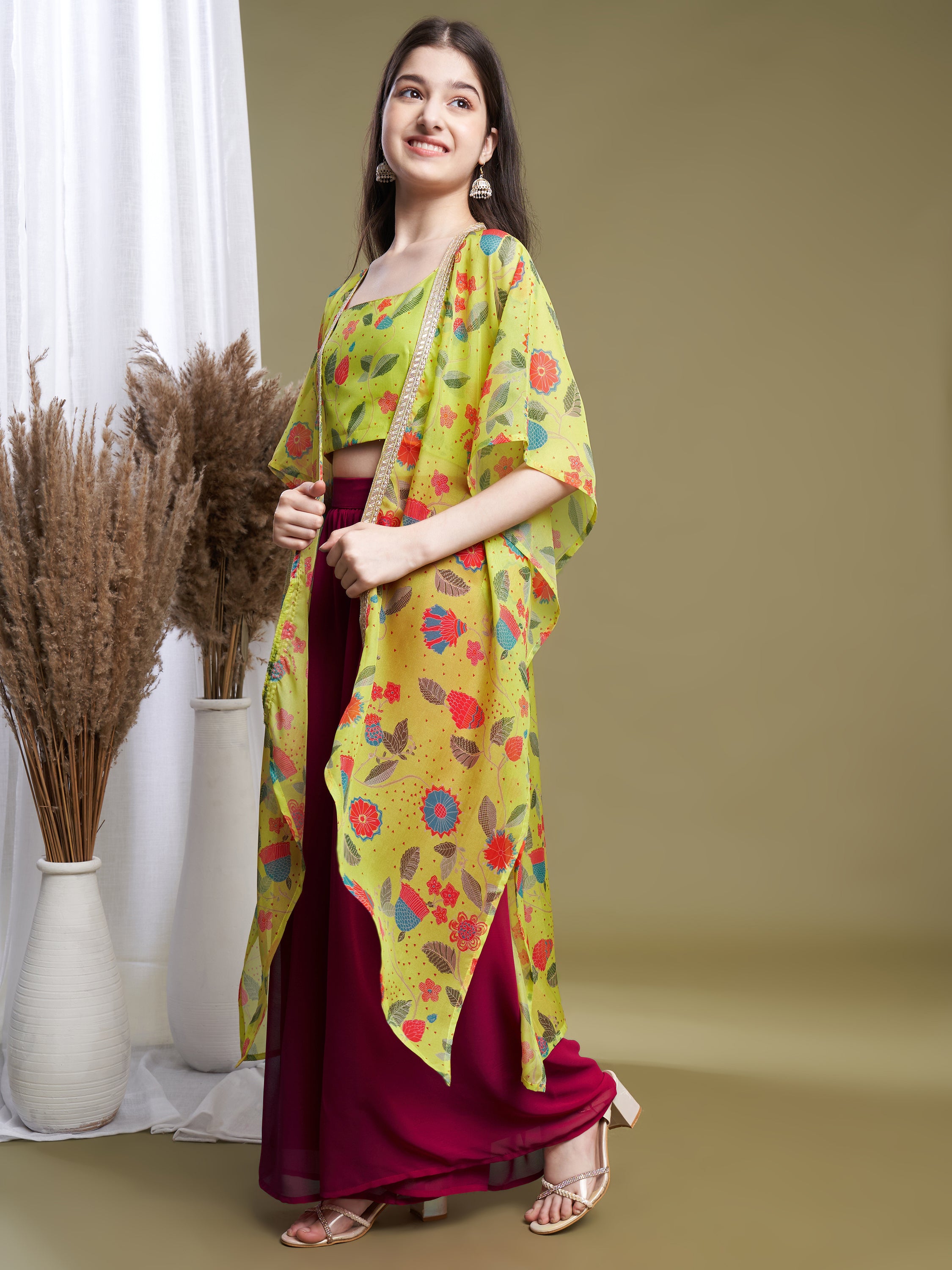 Girls Lime-Rani Georgette Printed Top-Plaza & Shrug Set