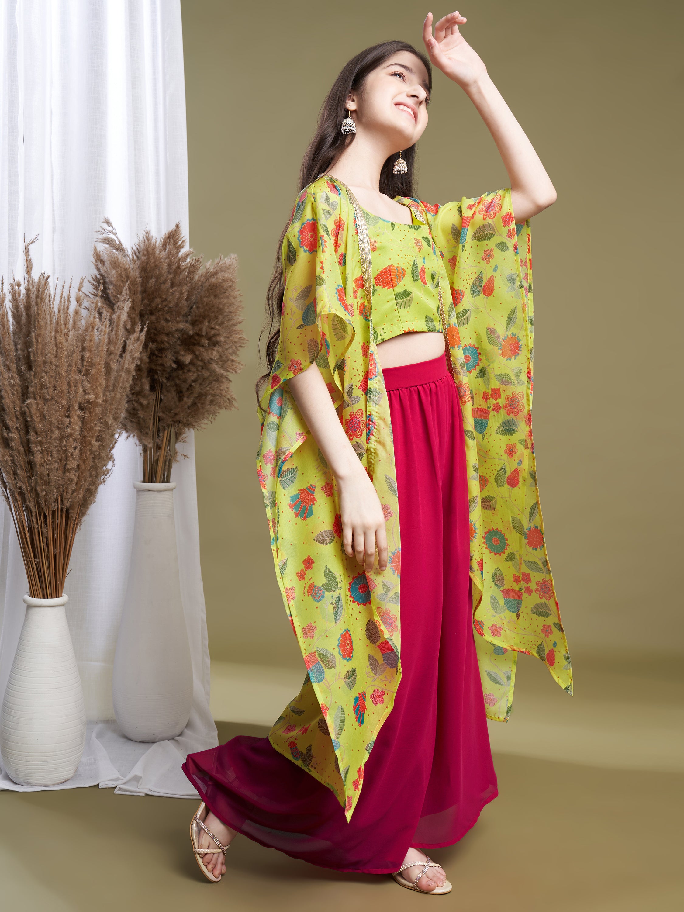 Girls Lime-Rani Georgette Printed Top-Plaza & Shrug Set