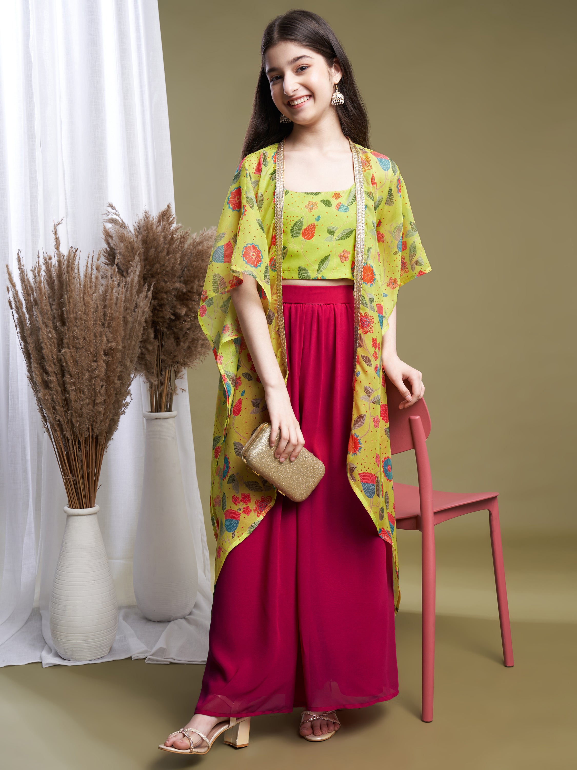 Girls Lime-Rani Georgette Printed Top-Plaza & Shrug Set